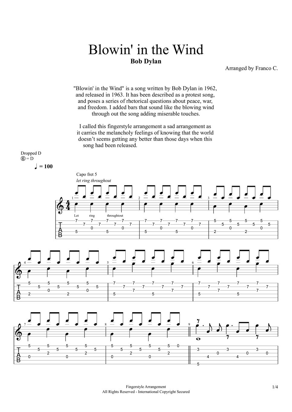 Bob Dylan Blowin' in the wind (Fingerstyle) Sheets by Franco C.
