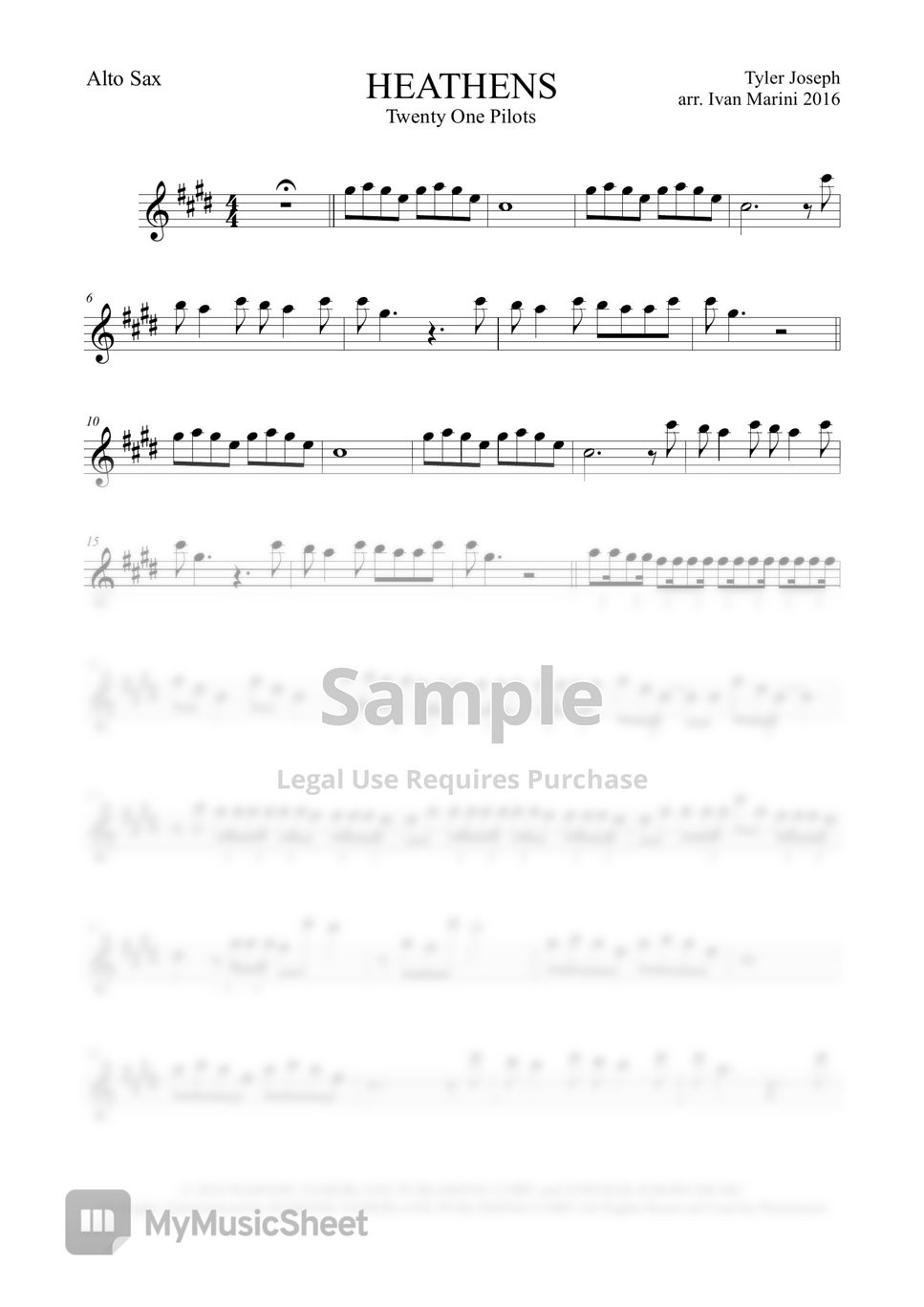 Twenty One Pilots Heathens For Alto Sax Sheets By Ivan Marini