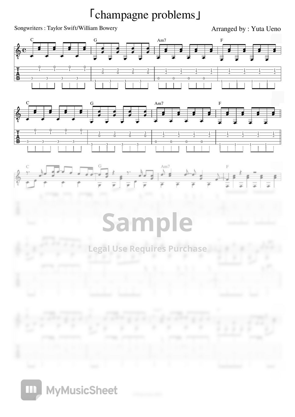 Taylor Swift - champagne problems (Fingerstyle Guitar) Tab + 1staff by ...
