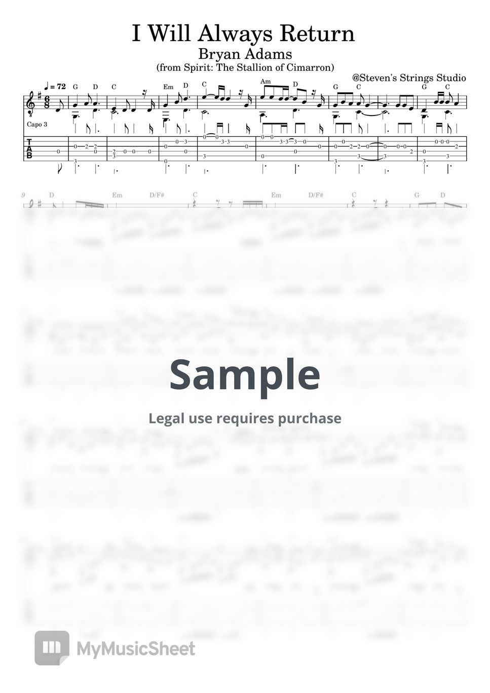 Bryan Adams - I Will Always Return (from Spirit: Stallion of the Cimarron / Guitar Fingerstyle Solo) by Steven's Strings Studio
