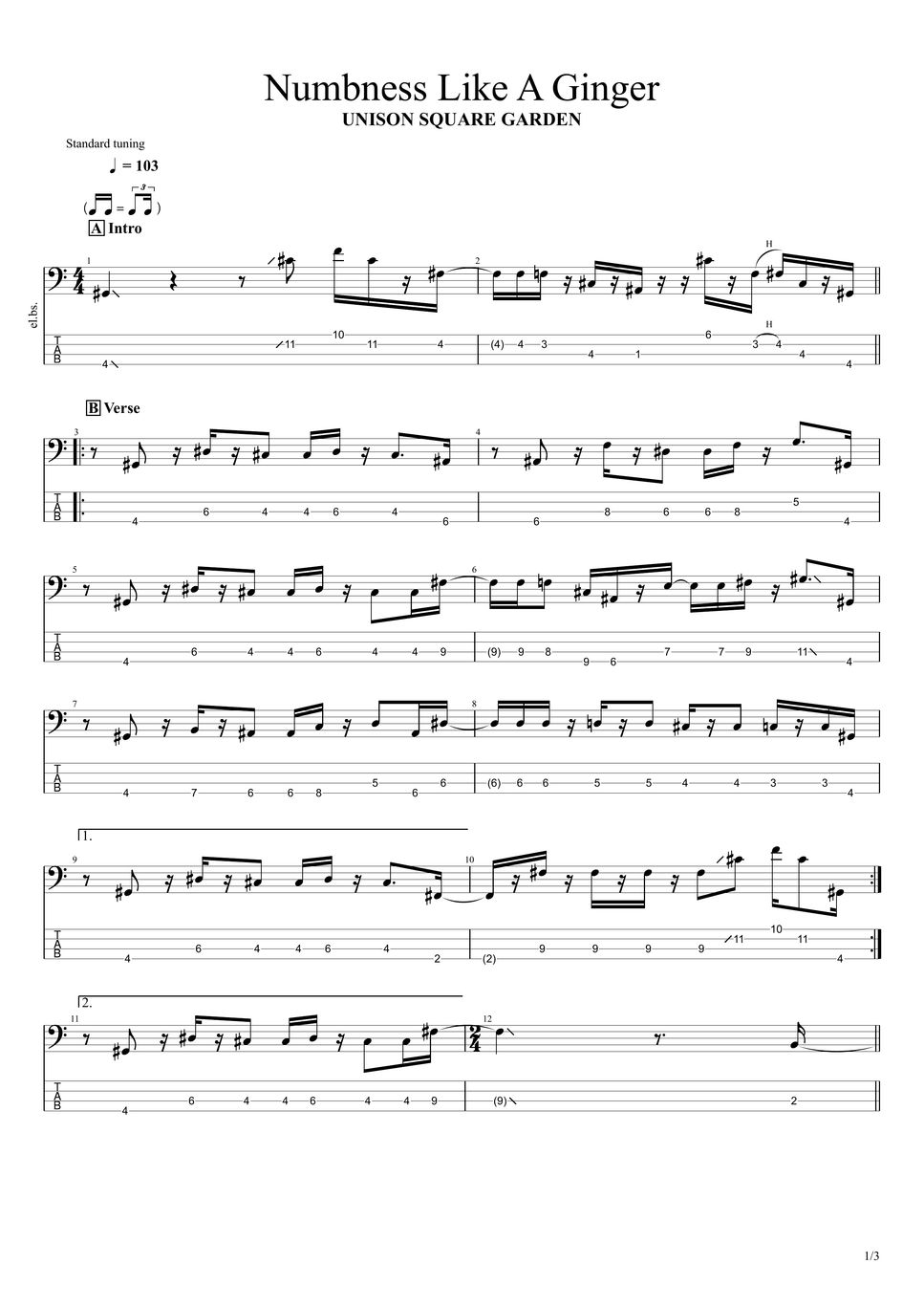 UNISON SQUARE GARDEN Numbness Like A Ginger(アニメOPサイズver.) 楽譜 by
