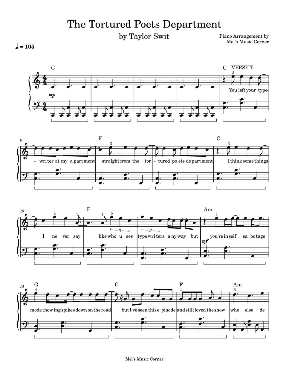 Taylor Swift - The Tortured Poets Department (piano sheet music) by Mel's Music Corner