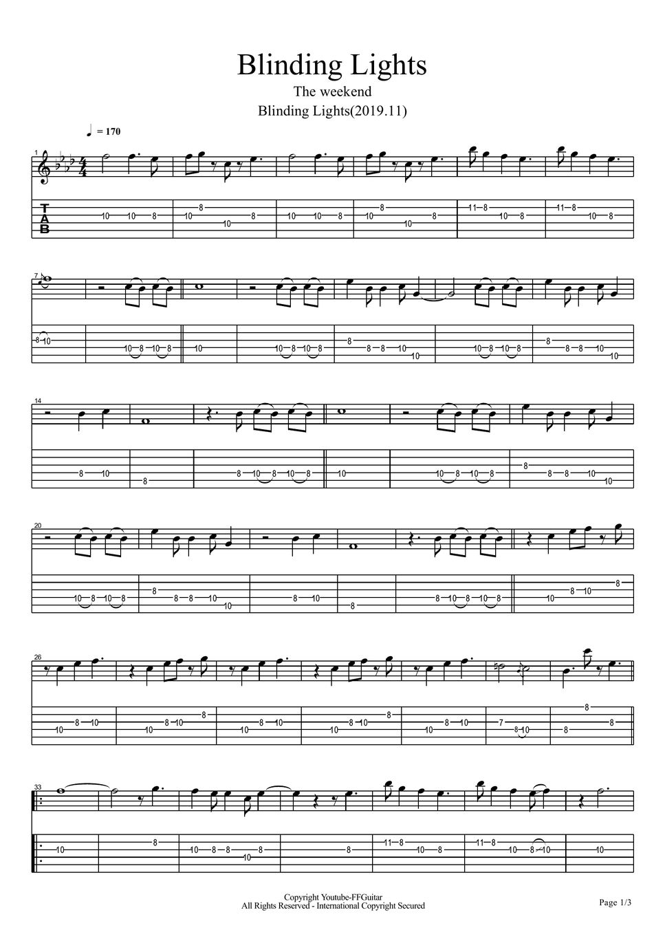 The Weeknd Blinding Lights Guitar 악보 by FFGutiar