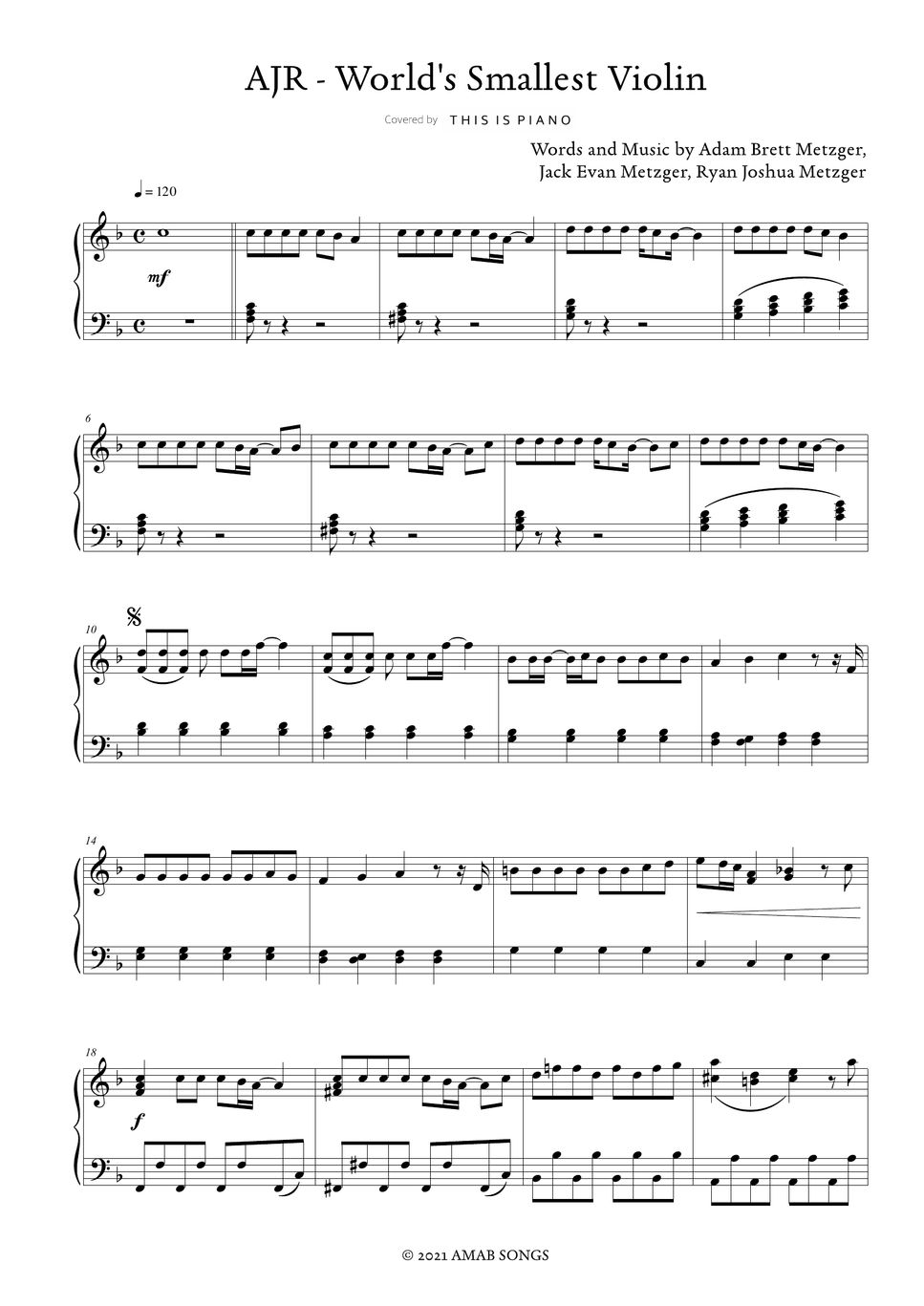 Ajr Worlds Smallest Violin Easy Version Sheet By This Is Piano 