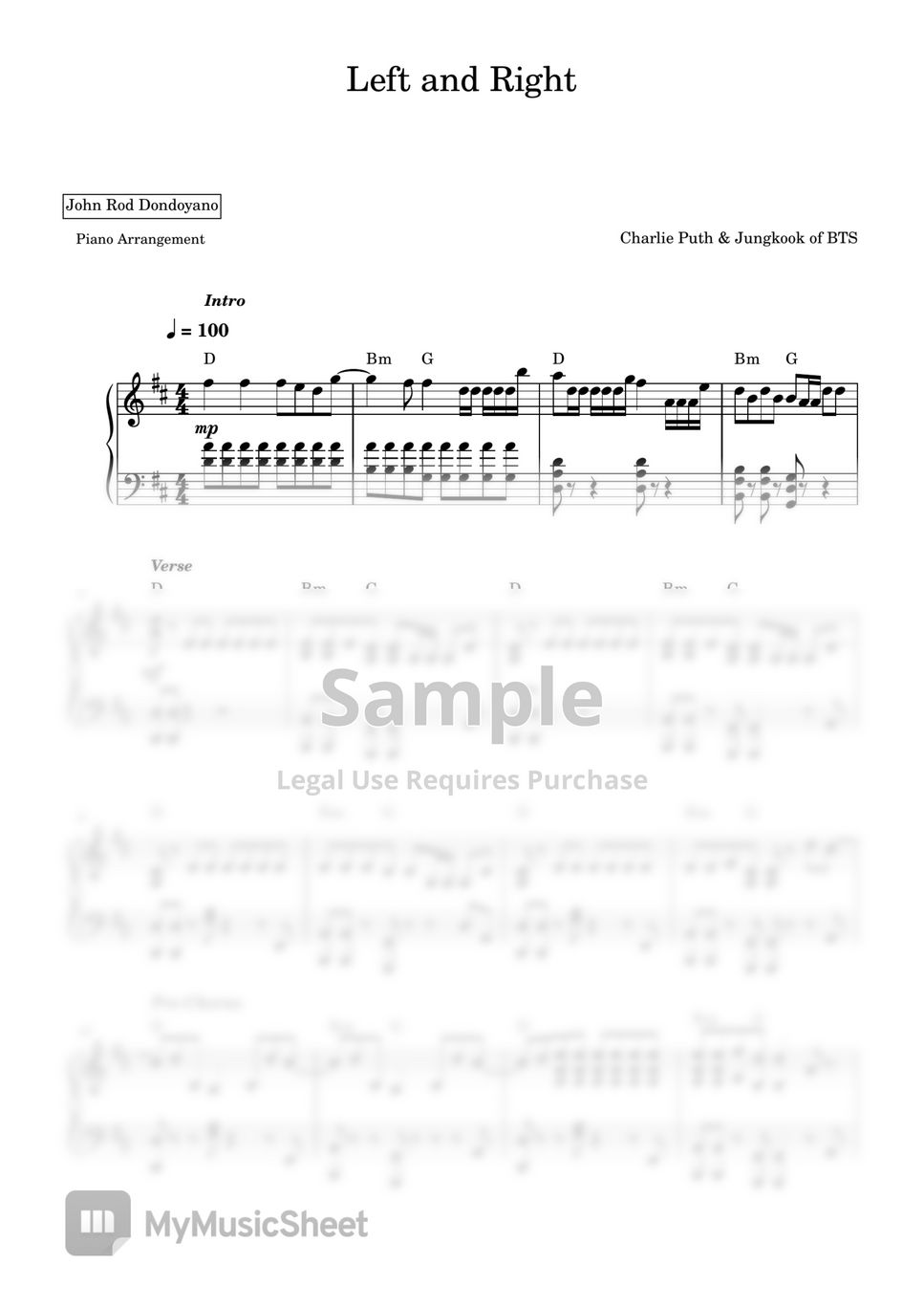 Charlie puth jungkook of bts left and right piano sheet by