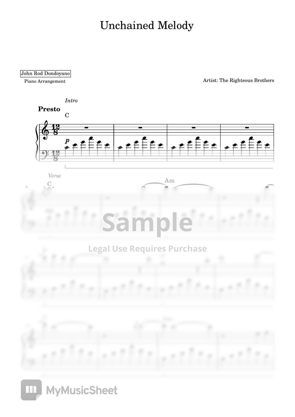 The Righteous Brothers Unchained Melody Piano Sheet Sheets By John Rod Dondoyano