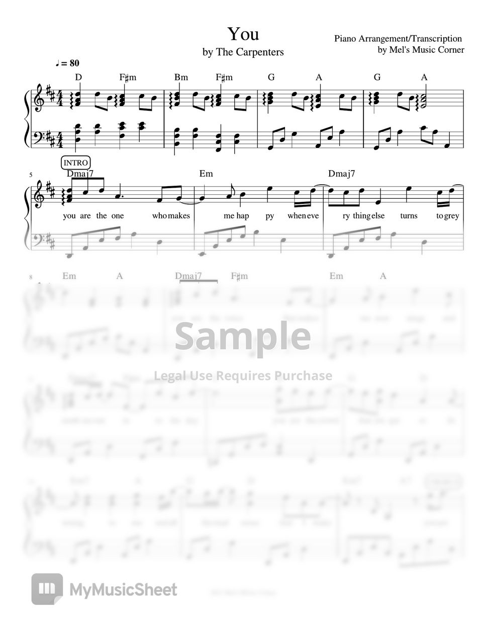 The Carpenters - You (piano sheet music) by Mel's Music Corner