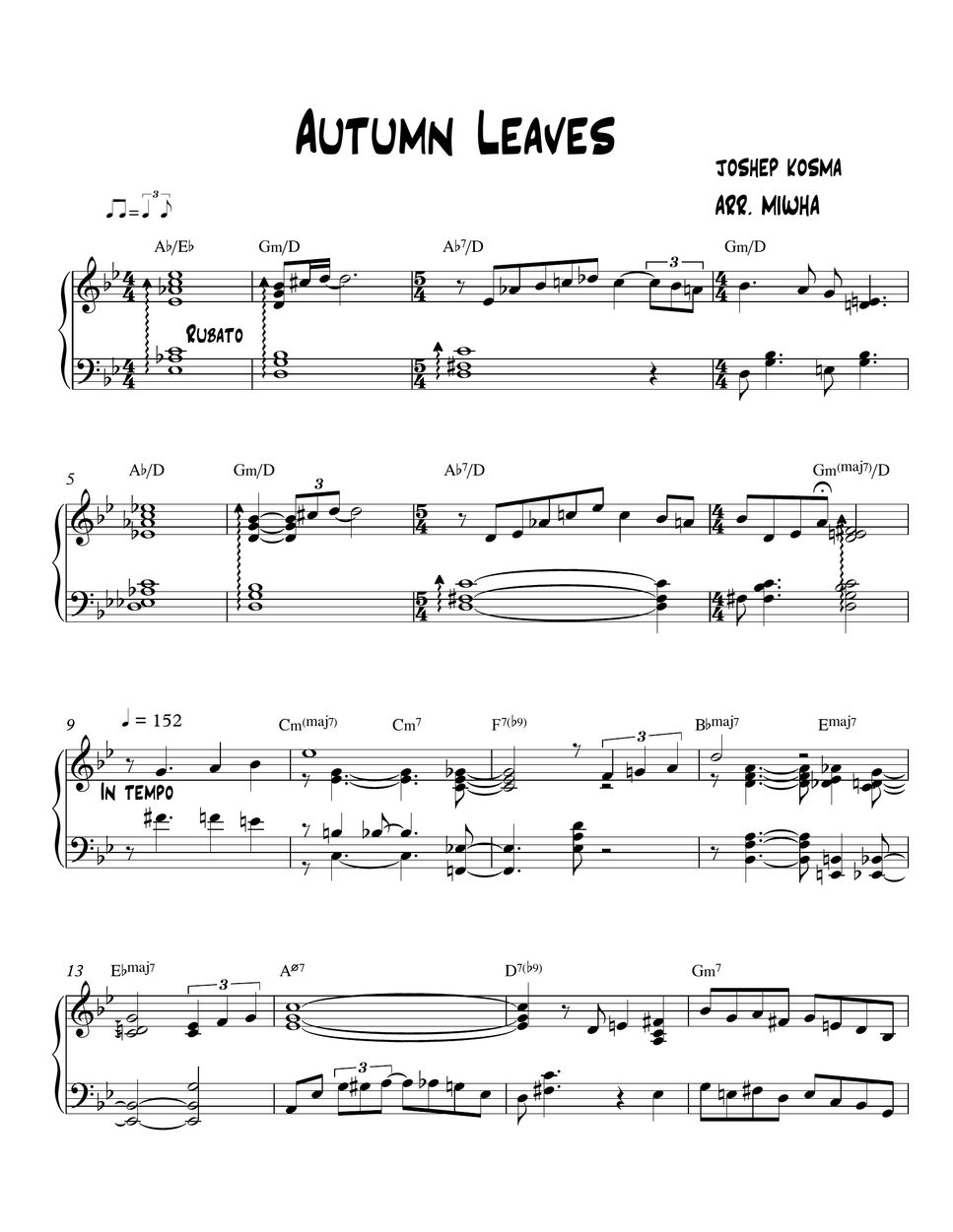 Autumn Leaves Jazz Solo Piano Sheet By MIWHA