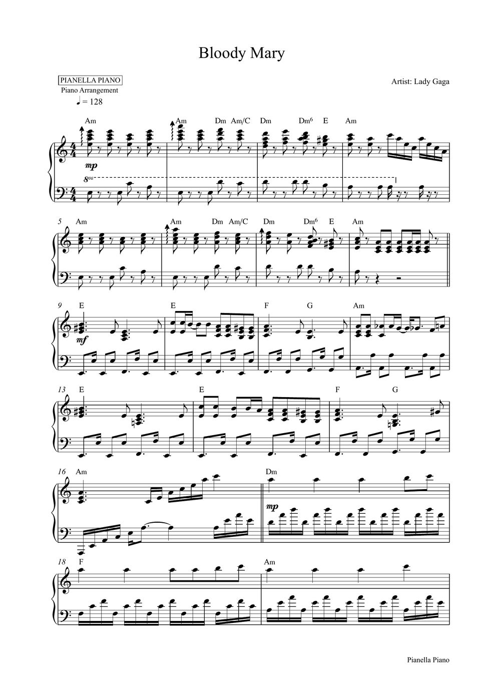 Lady Gaga Bloody Mary (Piano Sheet) Sheet by Pianella Piano