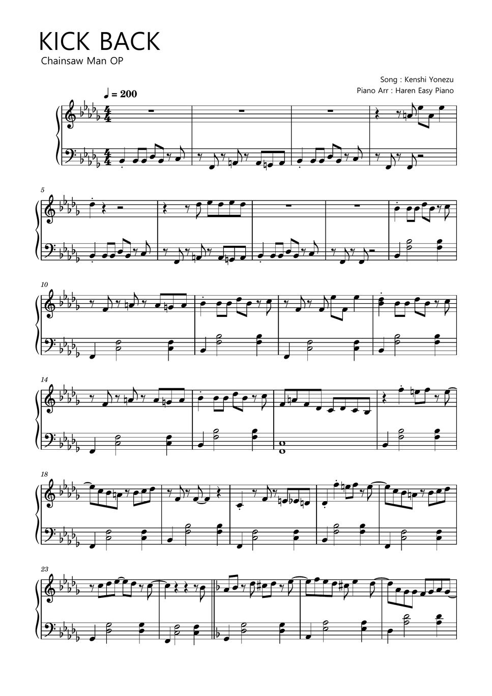 Chainsaw Man OP KICK BACK (Easy ver) Partitura by Haren Easy Piano