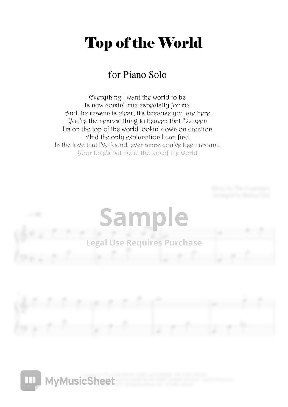 The Carpenters Top of the World (for Piano Solo) 악보