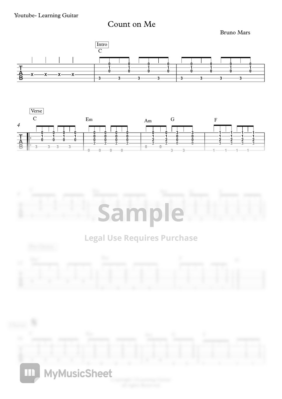 Bruno Mars - Count on Me- Guitar Rhythm (Chords) TAB Bản nhạc by ...