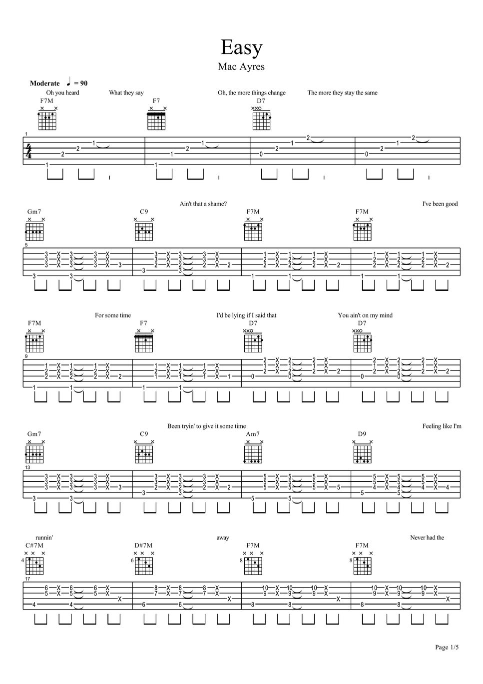 Mac Ayres Easy (Easy Version) Sheets by 기타치는아빠GuitarPD