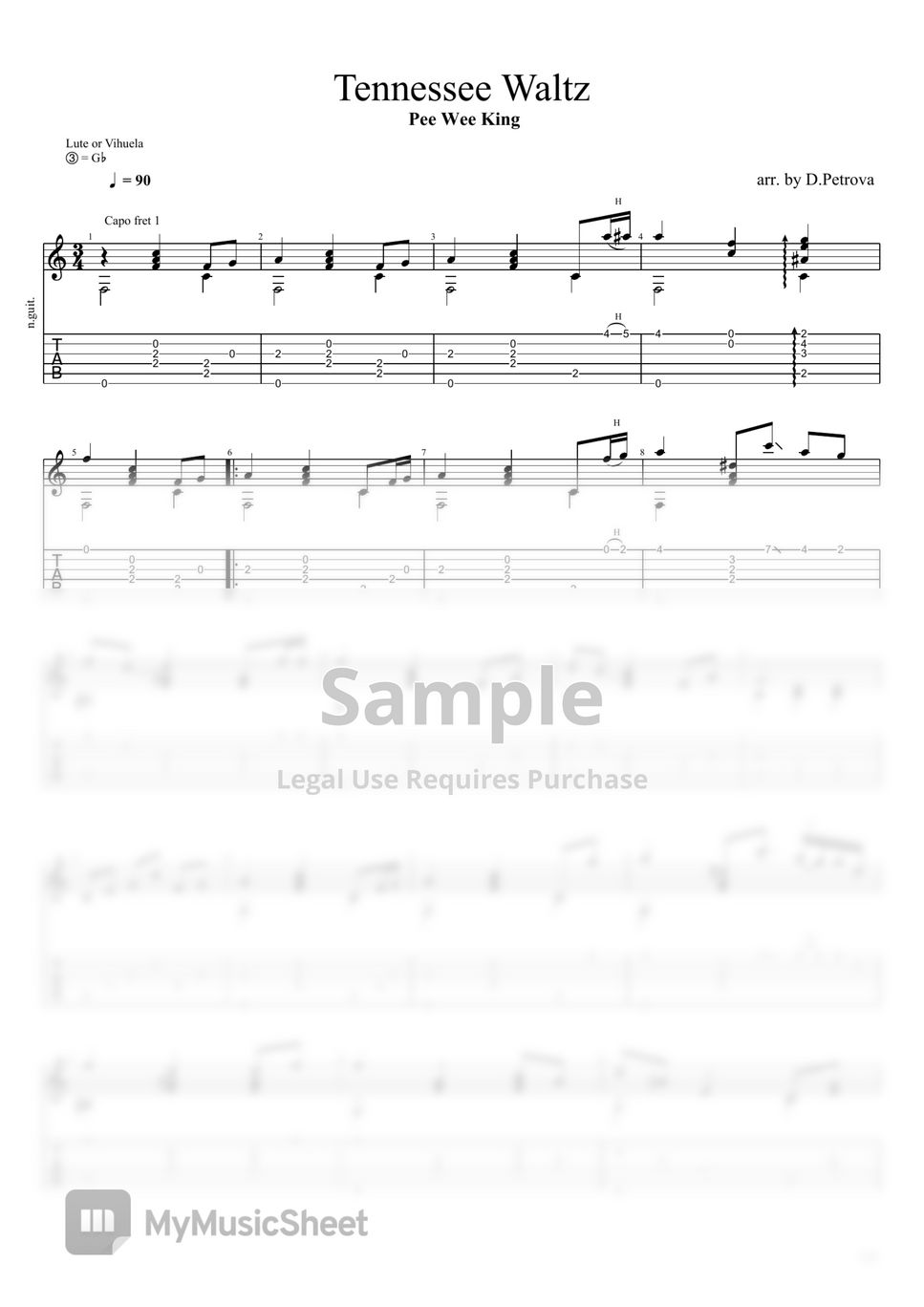 Pee Wee King - Tennessee Waltz (Fingerstyle Guitar Arrangement,  Lute/Vihuela tuning, Capo 1st fret) by D.Petrova (Edora)