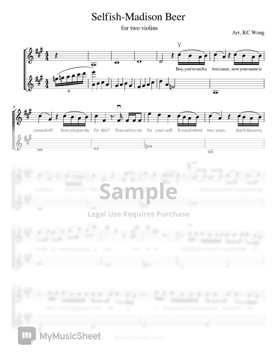 Madison Beer - Selfish (Violin Duet) Sheets by KC Wong