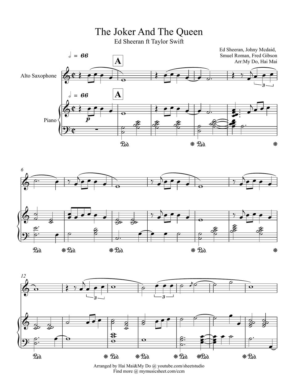 Ed Sheeran The Joker and The Queen for Alto Saxophone solo and Piano