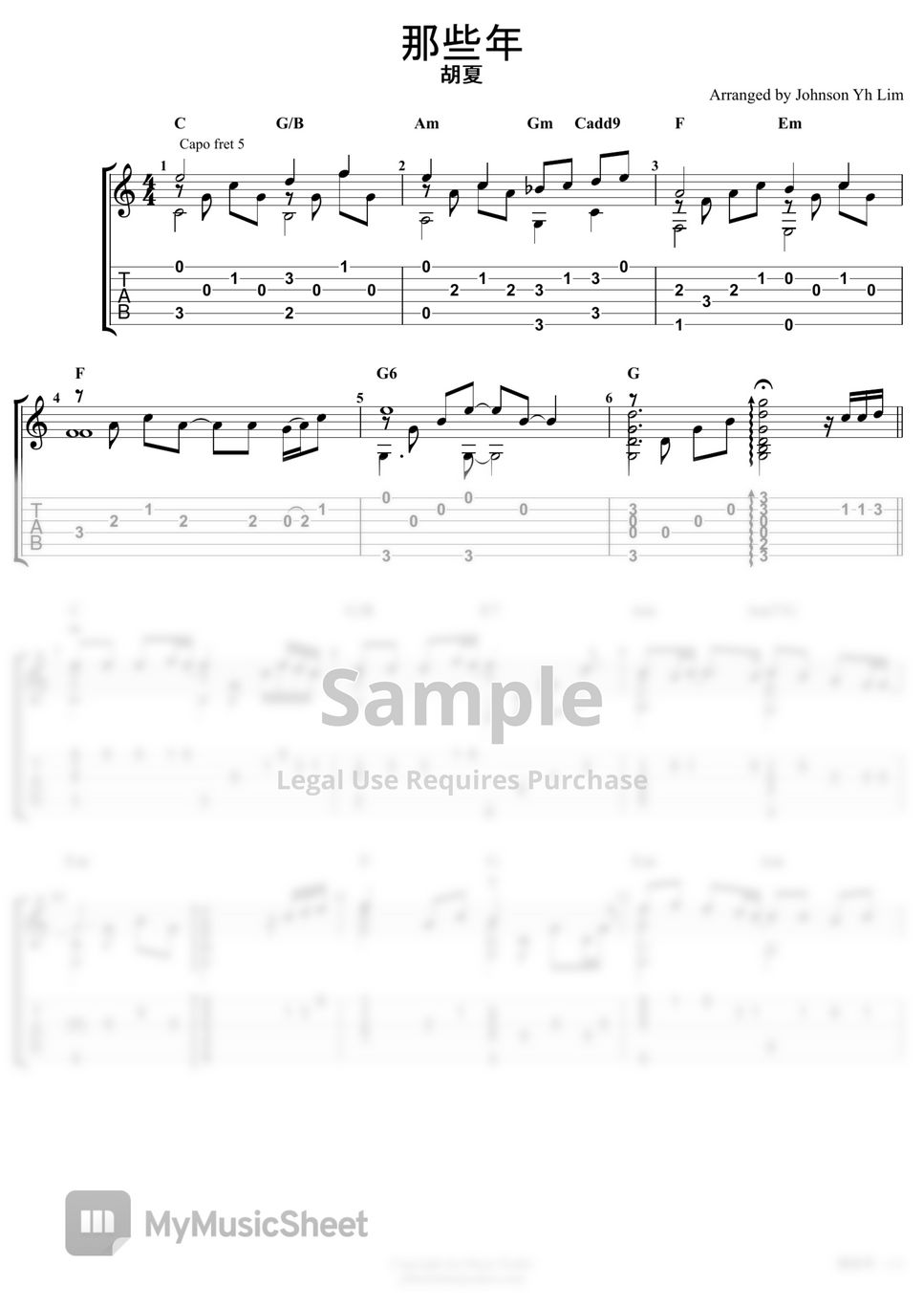 胡夏 - 那些年 (Guitar Fingerstyle) Sheets by Johnson YH Lim
