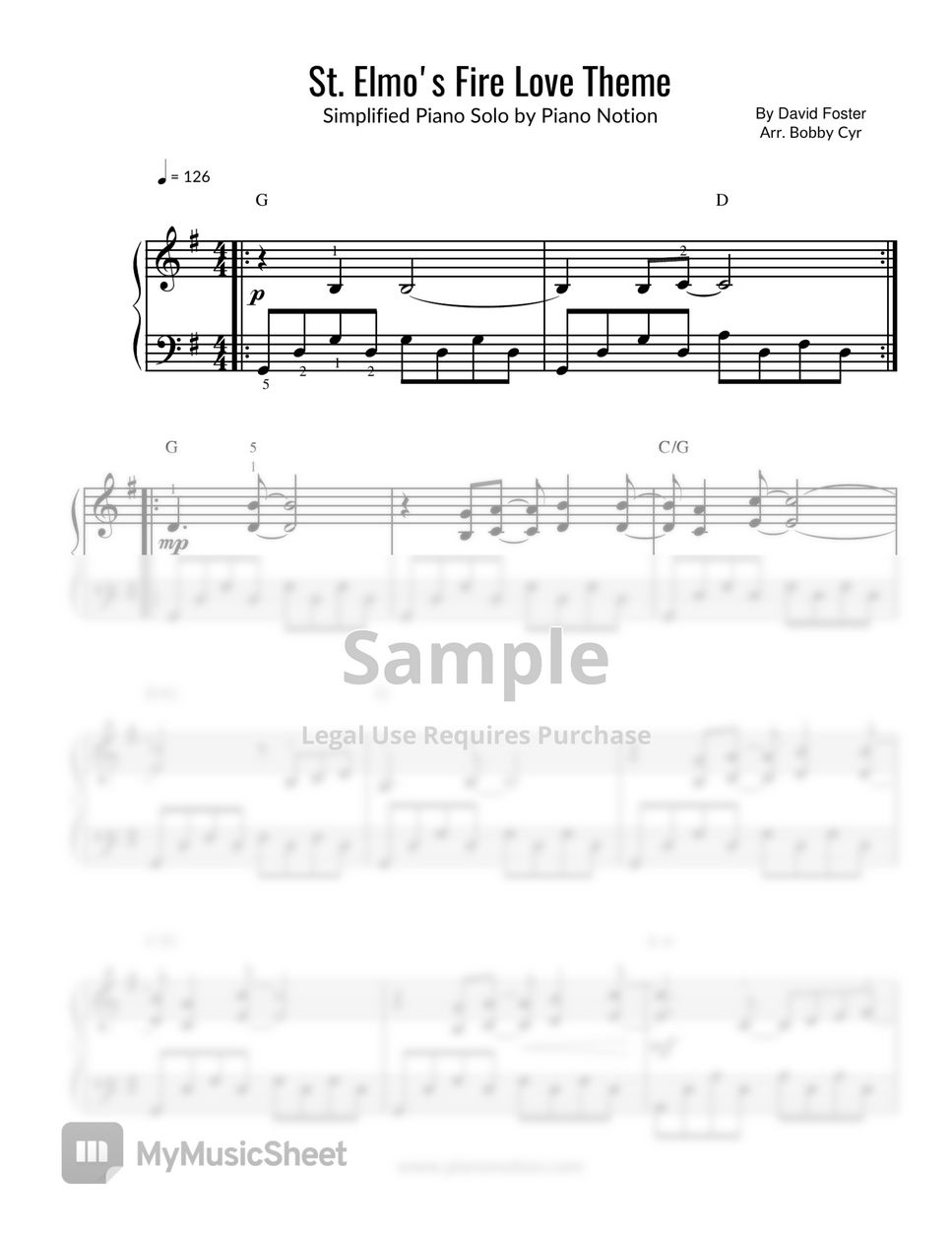 David Foster St. Elmo's Fire Love Theme (Piano Solo) 악보 by Piano Notion