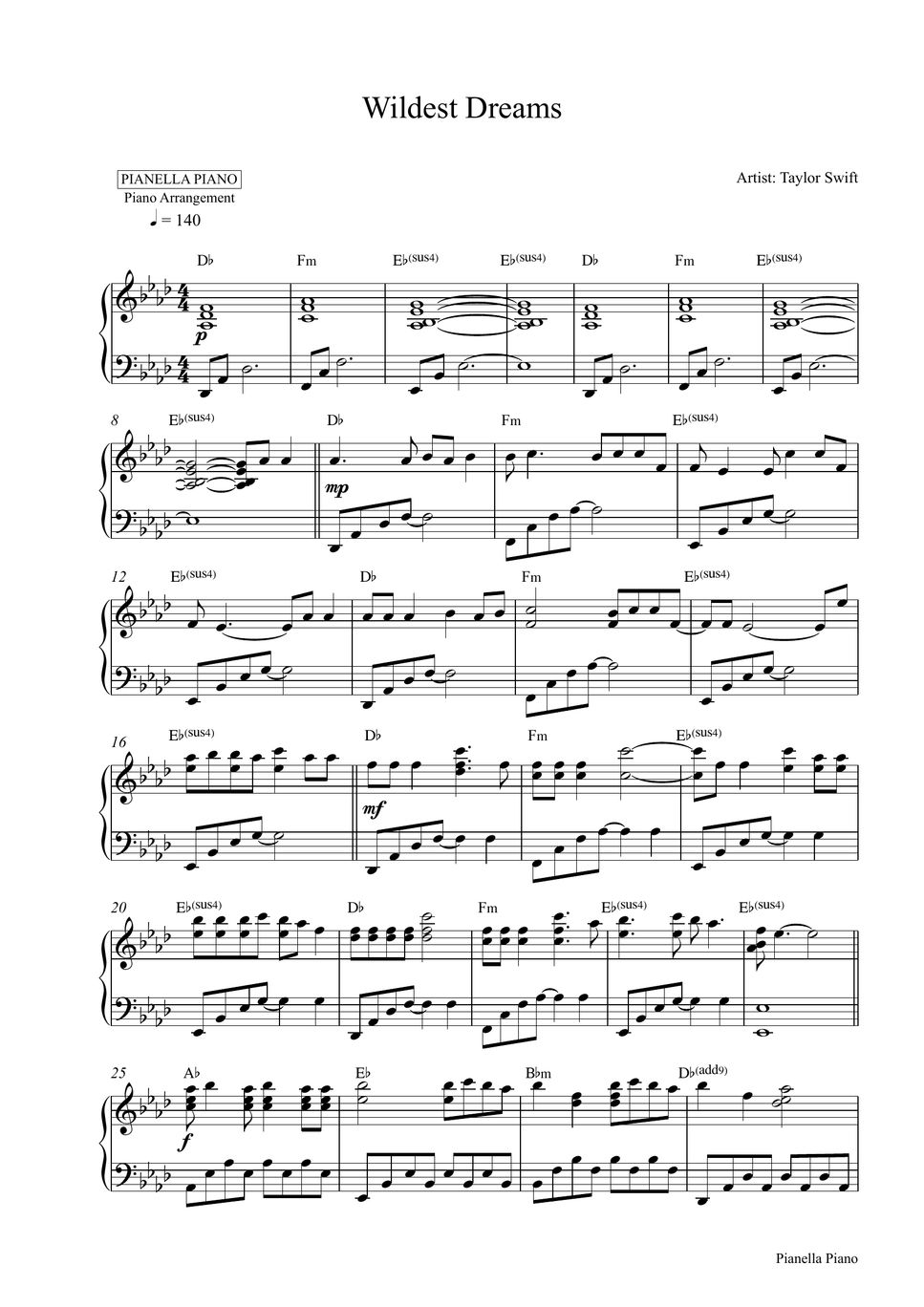 Taylor Swift Wildest Dreams Piano Sheet Sheets By Pianella Piano