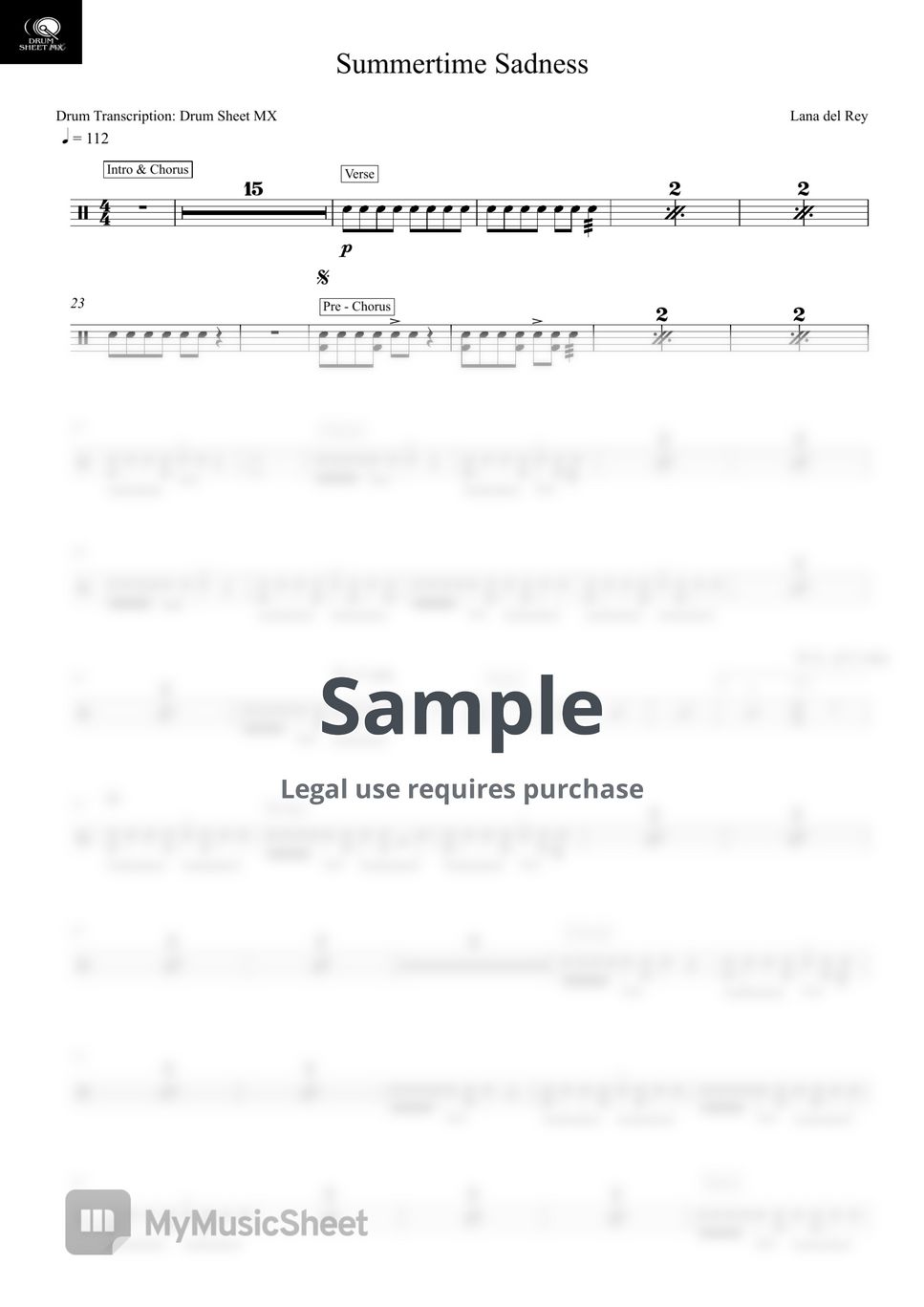 Lana del Rey - Summertime Sadness by Drum Transcription: Drum Sheet MX