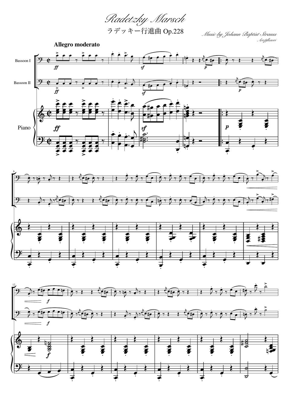 Johann Strauss I - Radetzky Marsch (C・Piano trio/Bassoon duet) Sheets ...