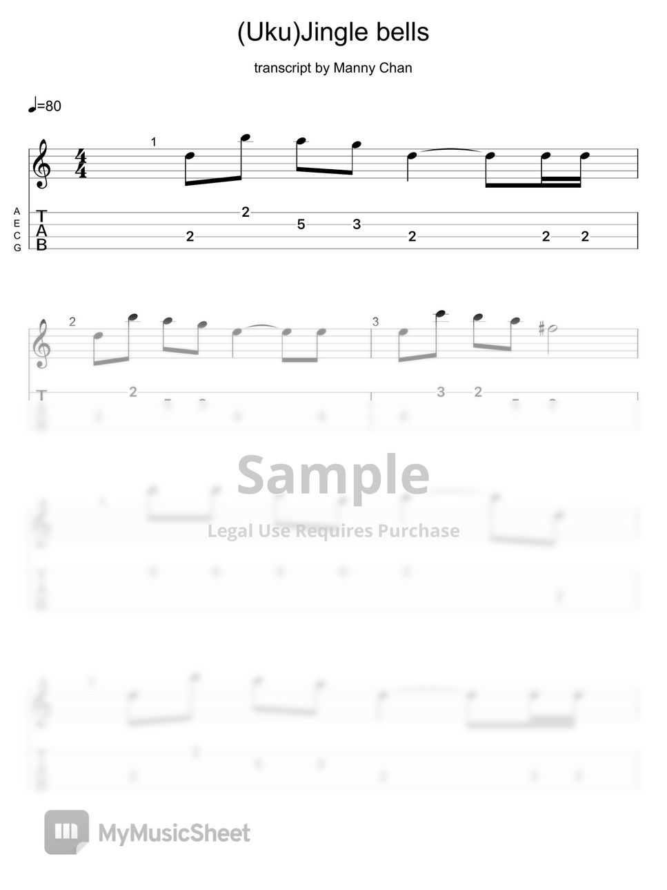 Traditional - Jingle bells (Ukulele tab) Tab + 1staff by Manny Chan