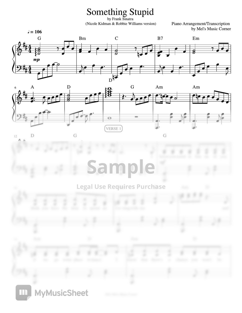 Frank Sinatra - Something Stupid (piano sheet music by Mel's Music Corner