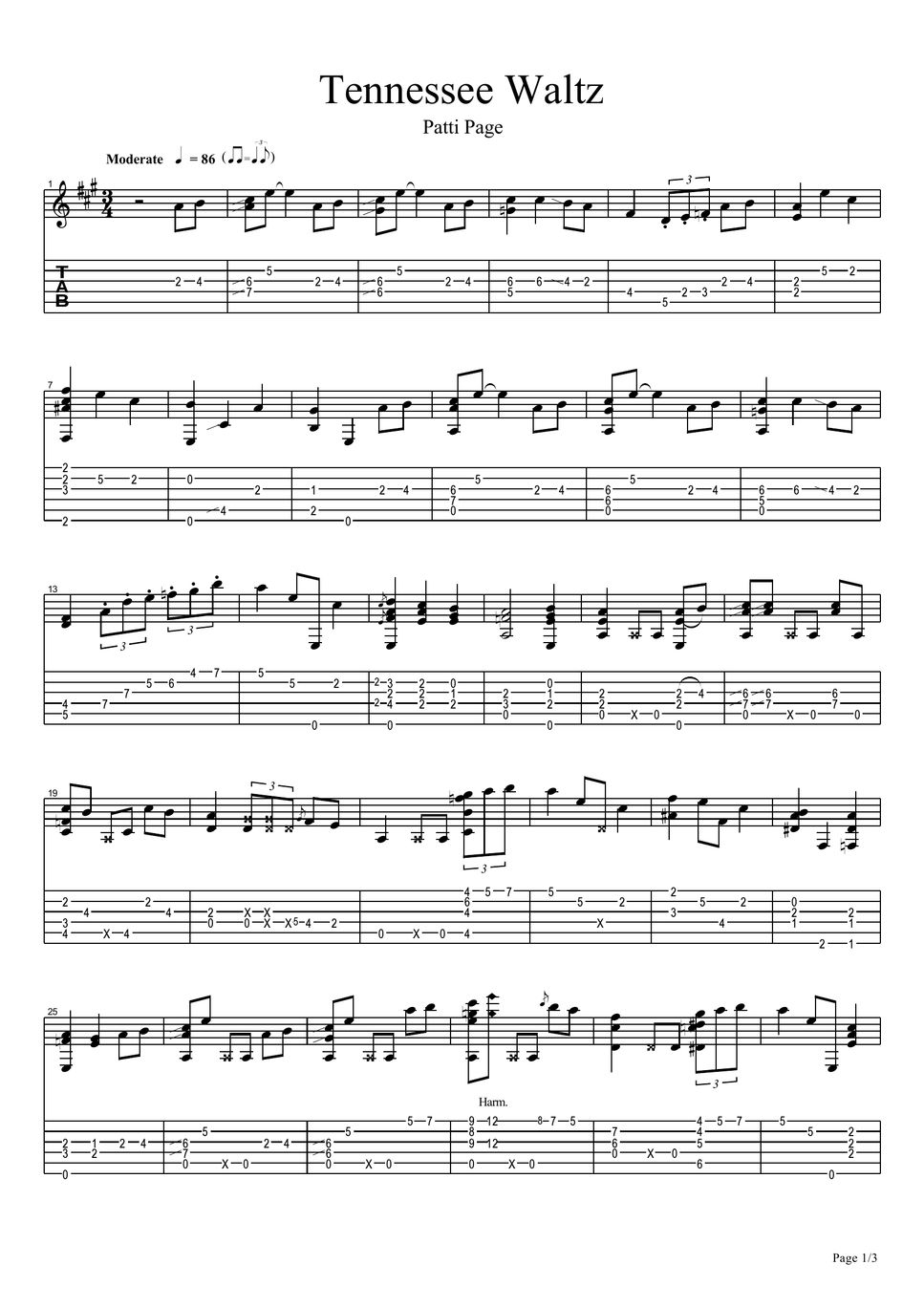 (Guitar)Patti Page - Tennessee Waltz TAB by David Chun