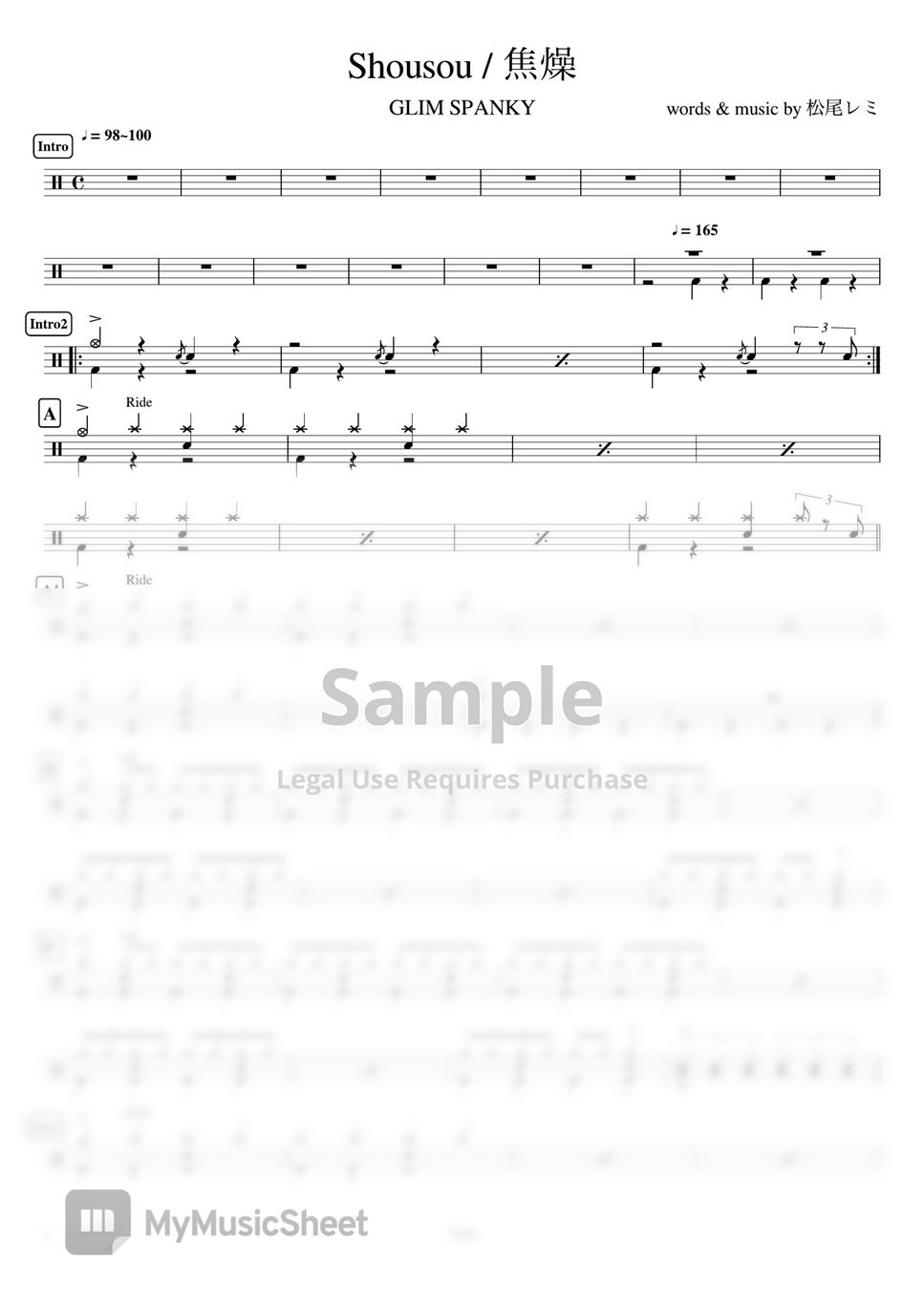 GLIM SPANKY - Shousou / 焦燥 by Cookai's J-pop Drum sheet music!!!