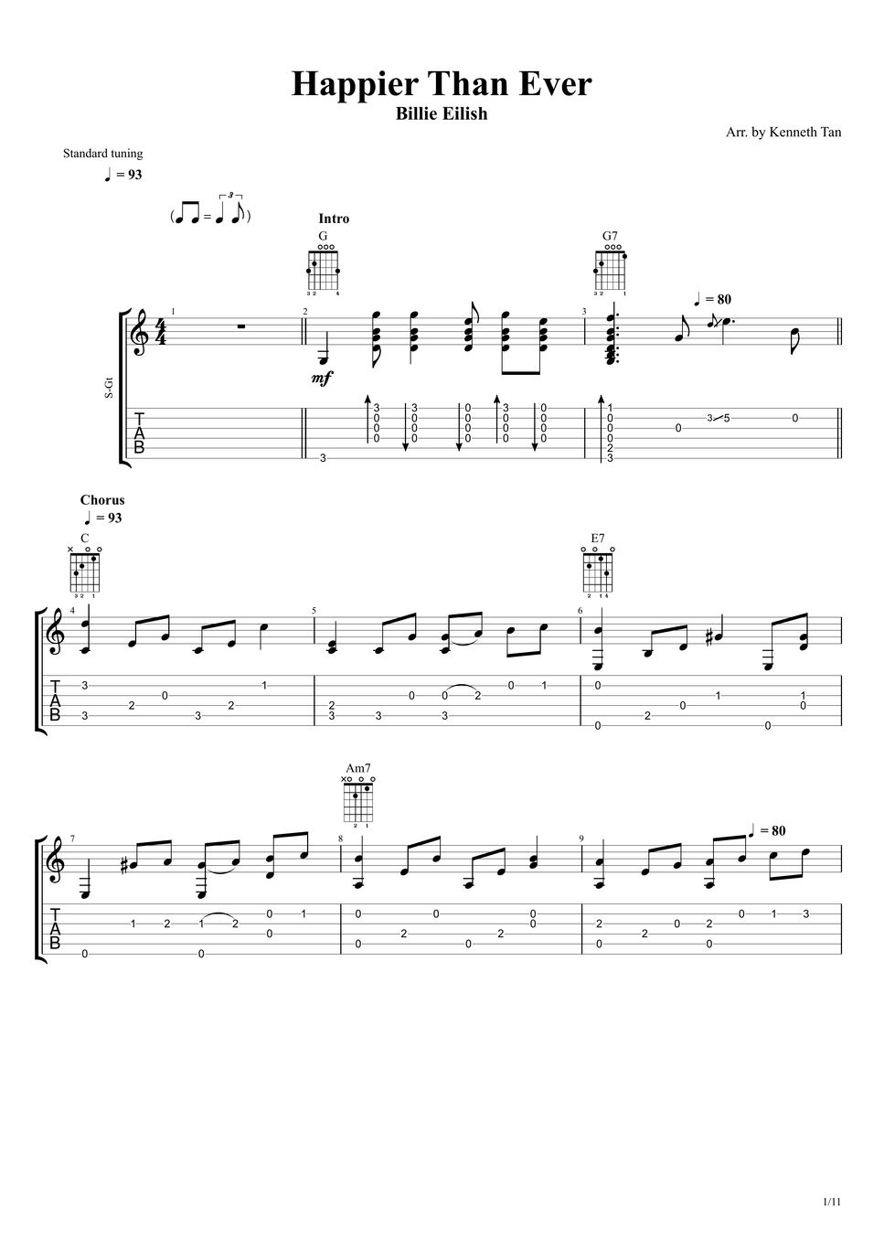 Billie Eilish Fingerstyle Guitar Happier Than Ever แผ่น by