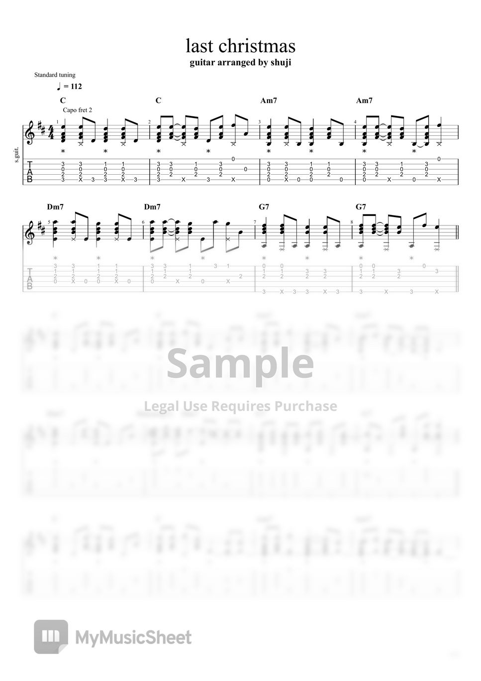 WHAM LAST CHRISTMAS fingerstyle guitar Tab + 단선 악보 by Shuji
