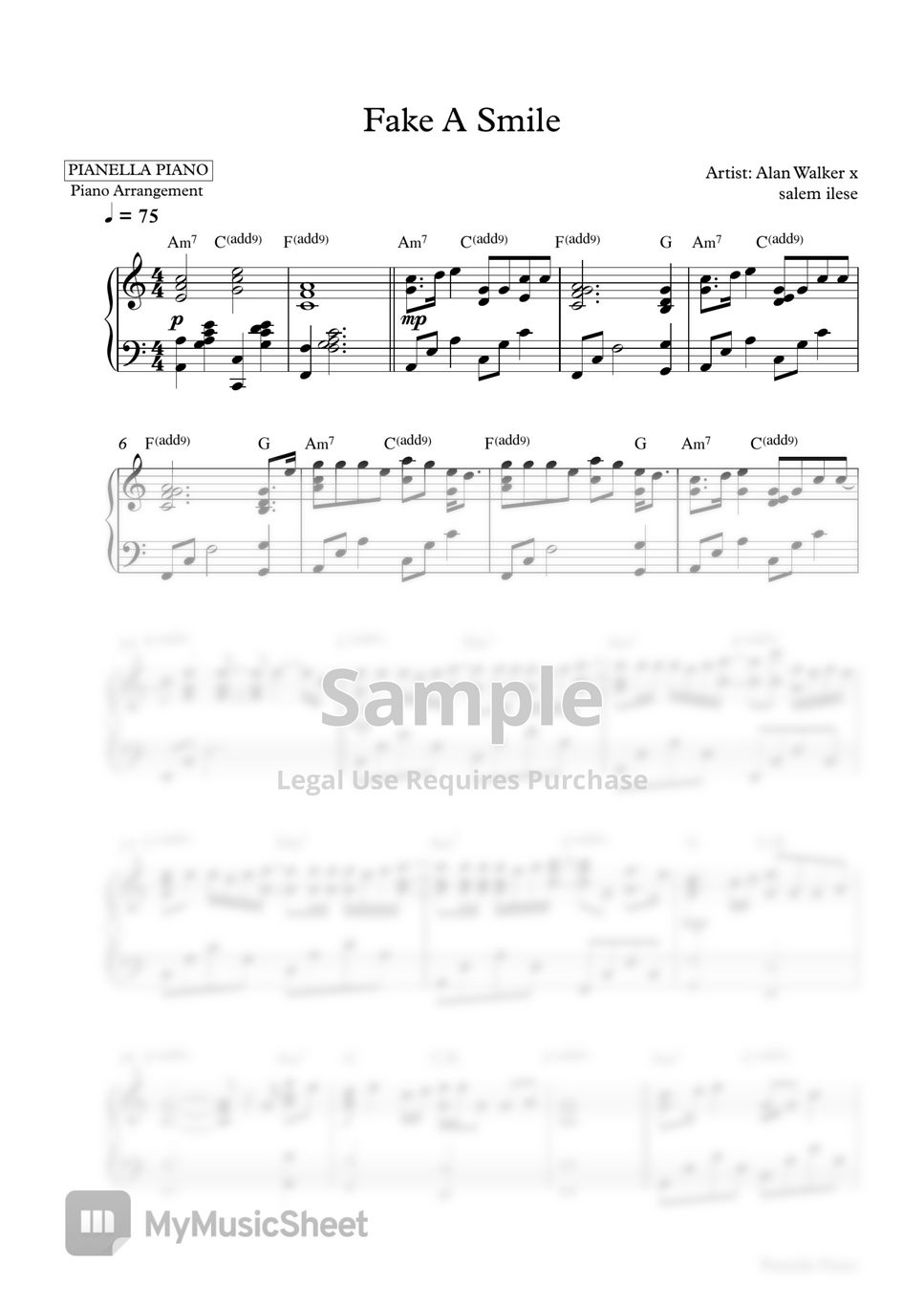 Alan Walker x salem ilese - Fake A Smile (Piano Sheet) by Pianella Piano
