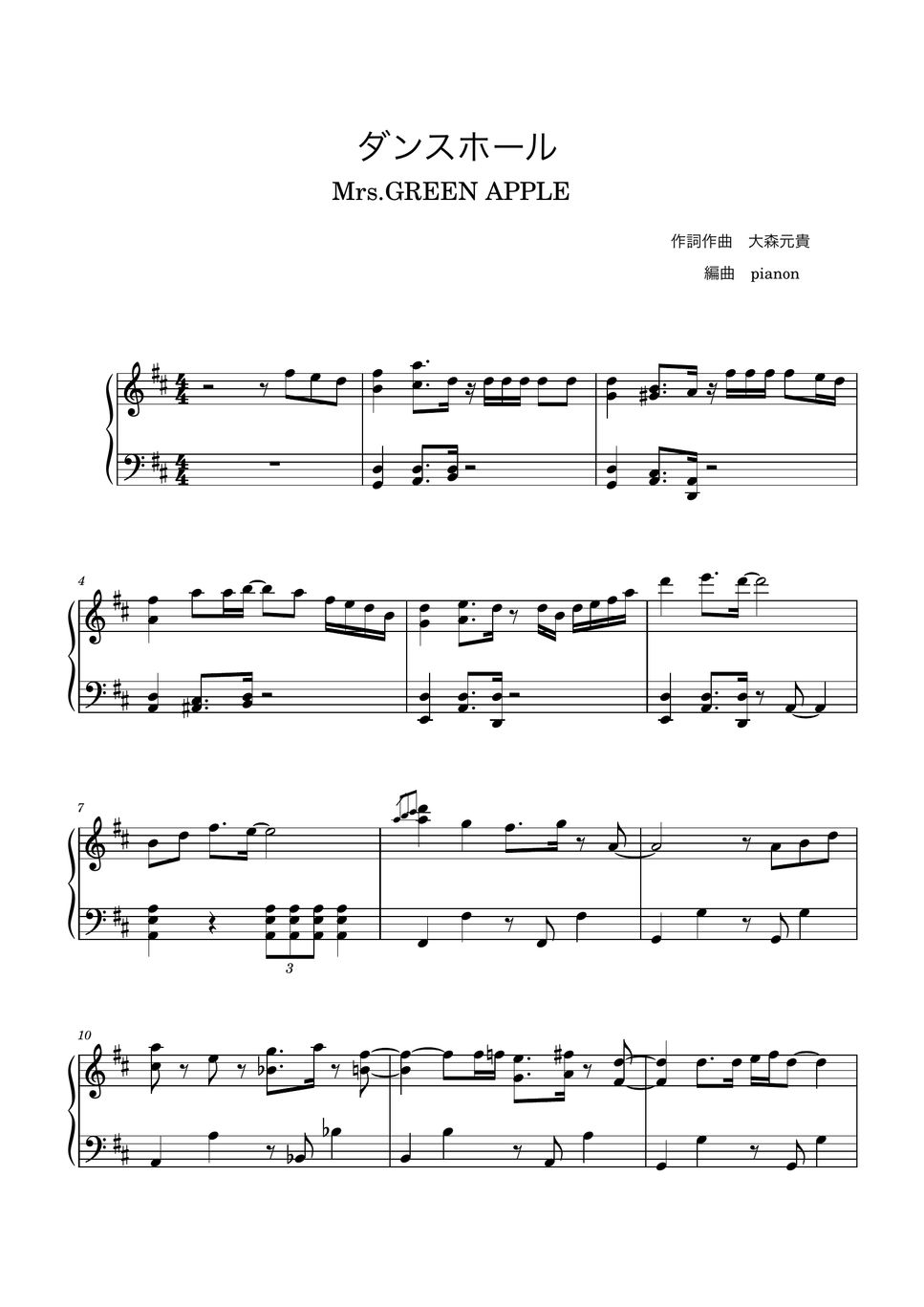Mrs.GREEN APPLE ダンスホール (ピアノ上級ソロ) 楽譜 by pianon