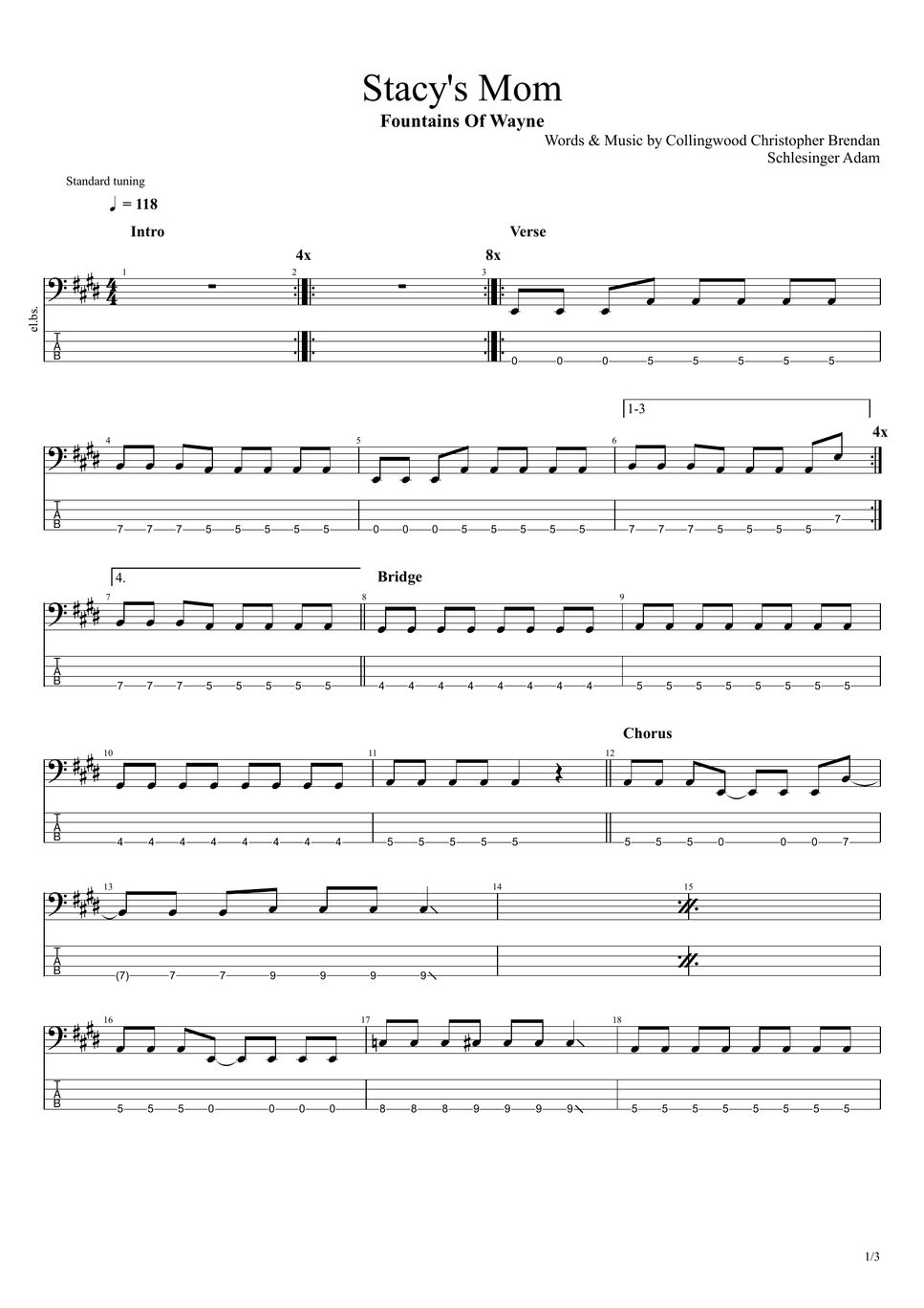 Fountains Of Wayne Stacy's Mom タブ + 五線譜 by まっきん