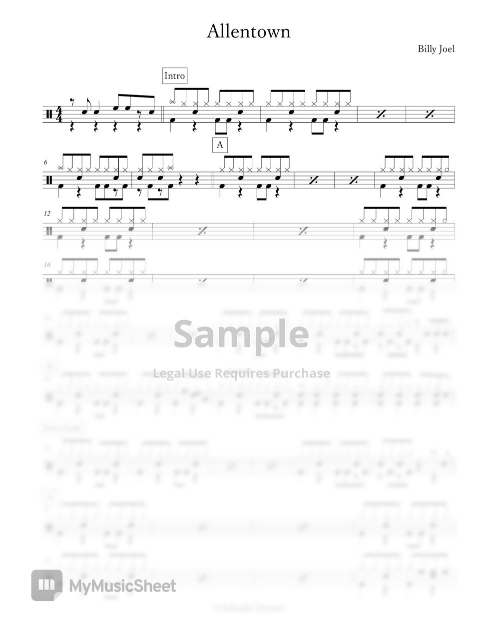 Billy Joel Allentown Sheets By Arkadia Drums 