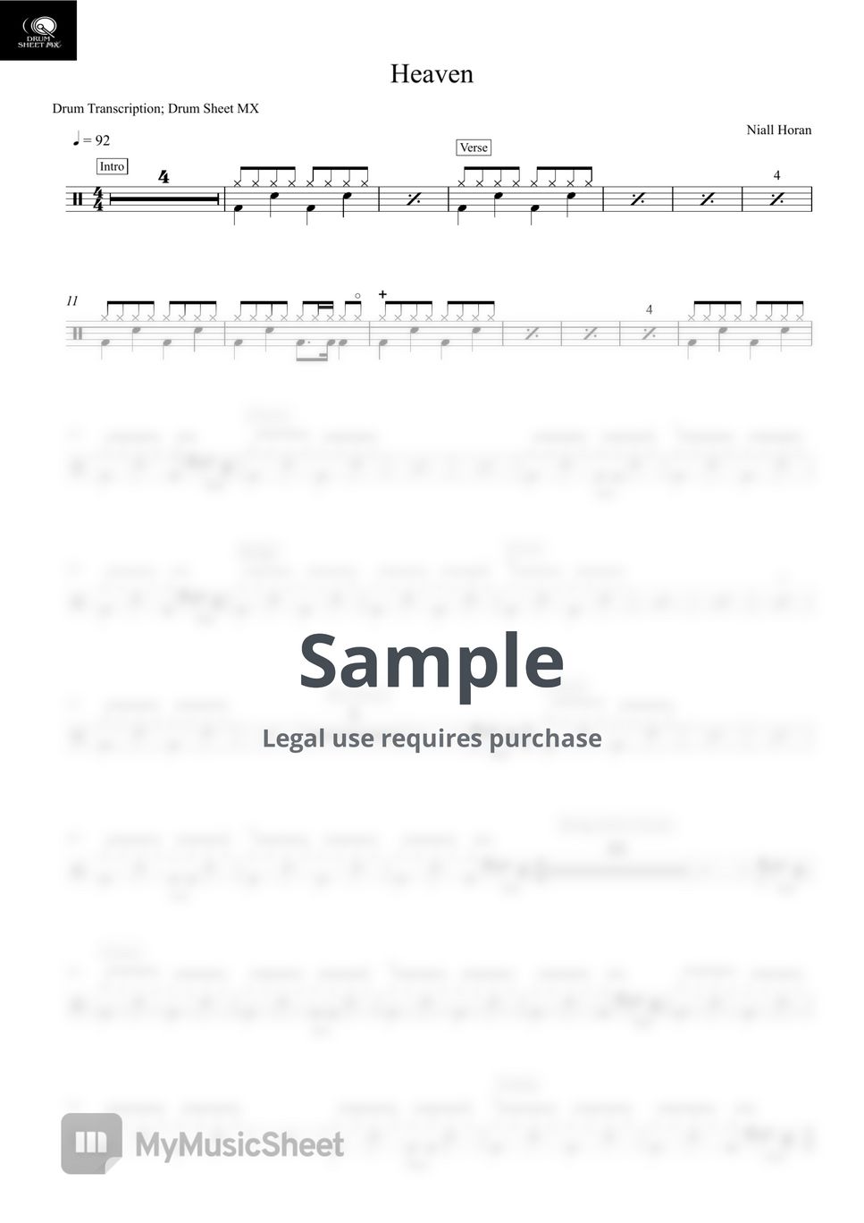 Niall Horan - Heaven by Drum Transcription: Drum Sheet MX