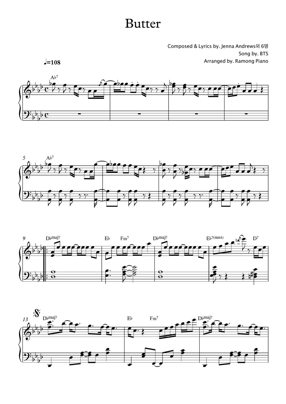 BTS Butter (+easy ver) 악보 by Ramong Piano