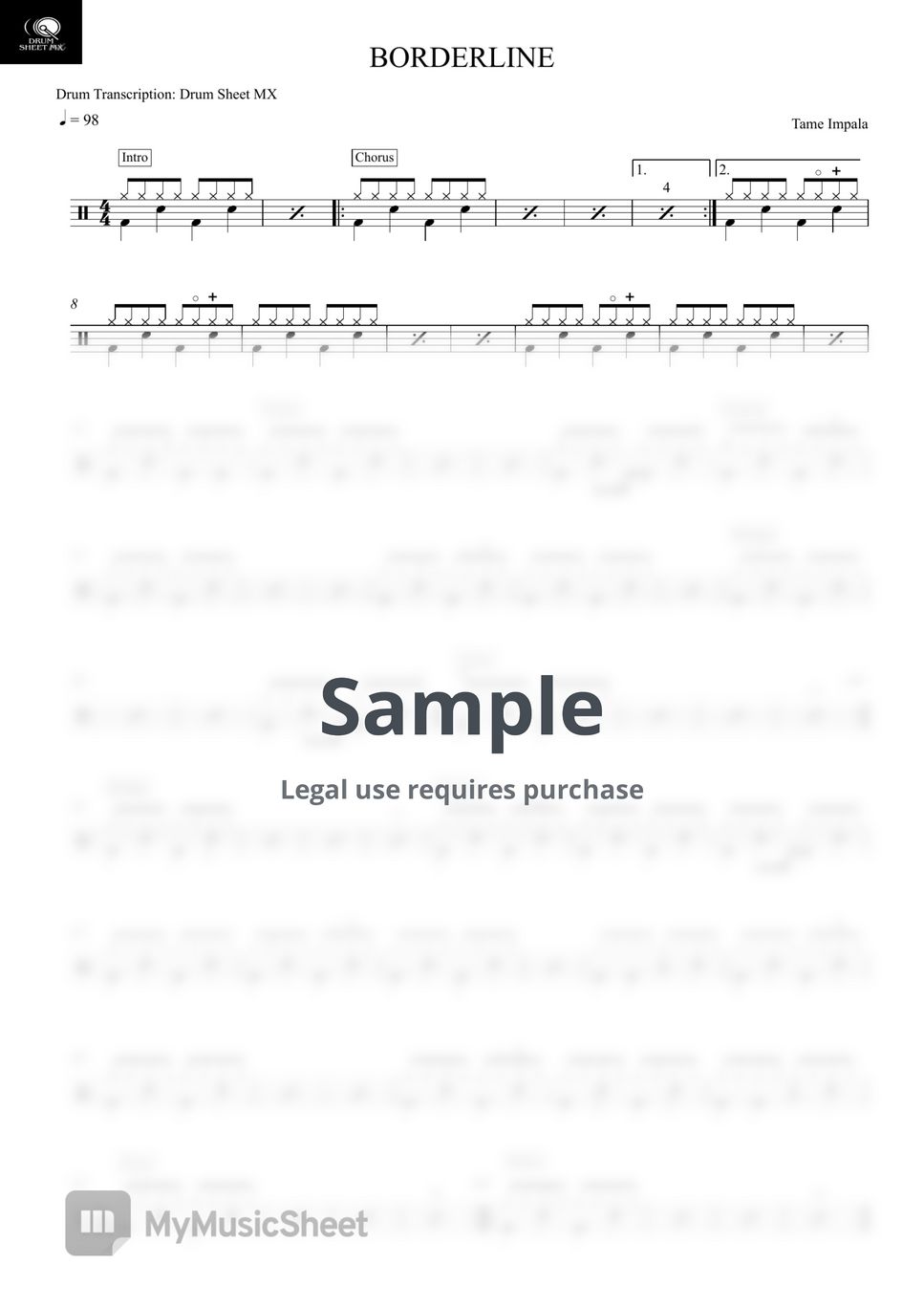 Tame Impala - BORDERLINE by Drum Transcription: Drum Sheet MX