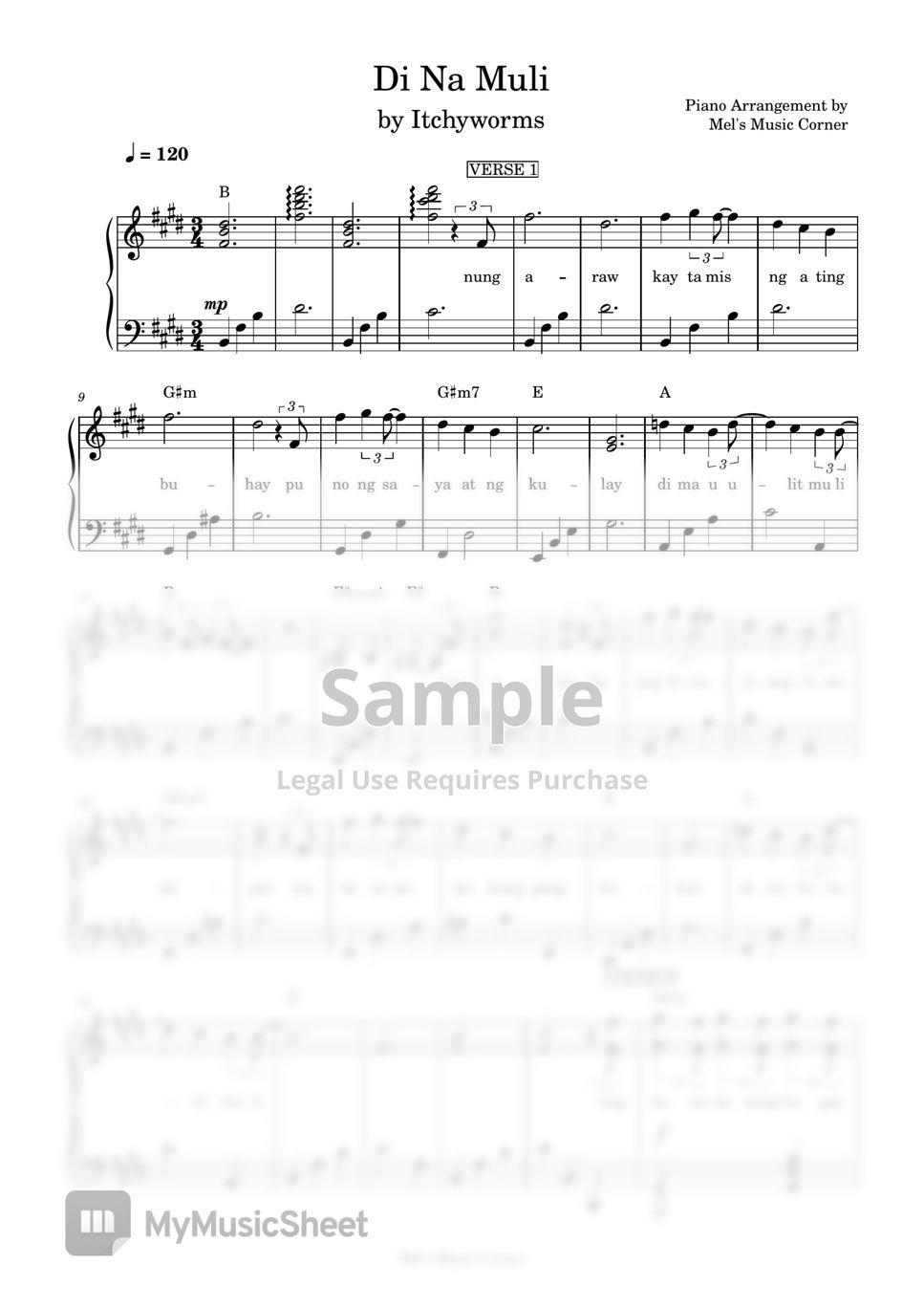 Itchyworms - Di Na Muli (piano sheet music) by Mel's Music Corner