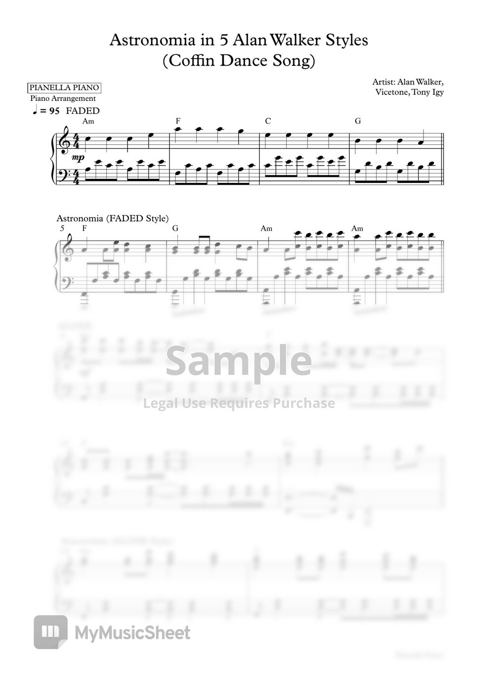 Alan Walker, Vicetone, Tony Igy - ASTRONOMIA (Coffin Dance Song) in 5 Alan Walker Styles (Piano Sheet) by Pianella Piano