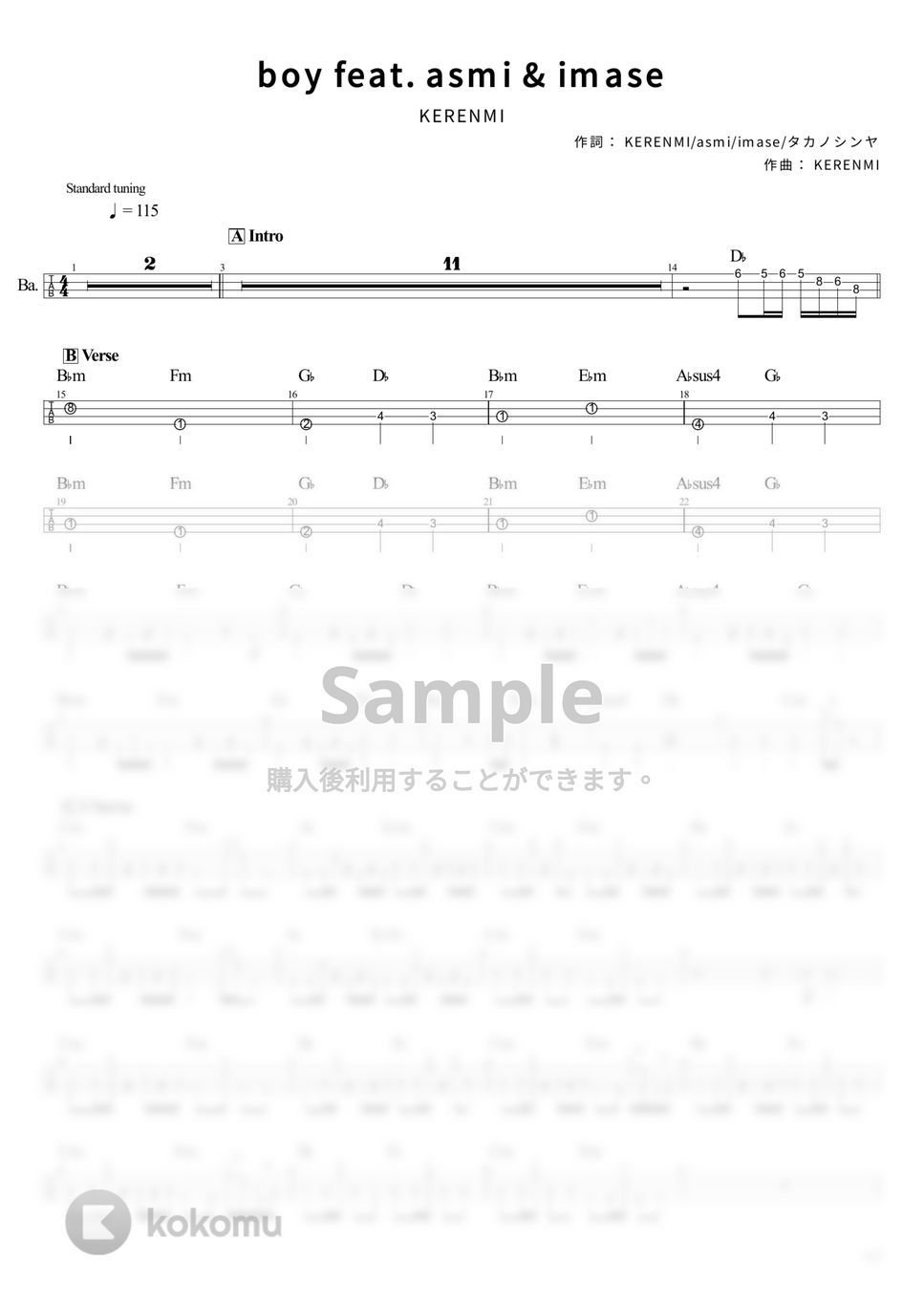 KERENMI - boy feat. asmi & imase (Tabのみ/ベース Tab譜 4弦) by T's bass score