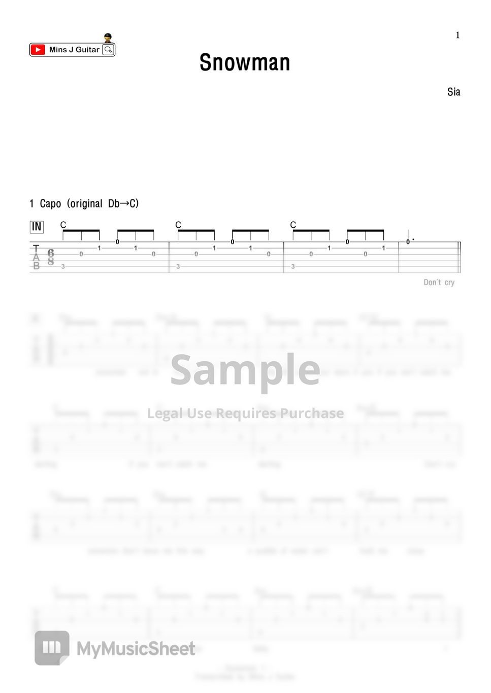 Sia Snowman (Tab&Chord) Sheets by Mins J Guitar