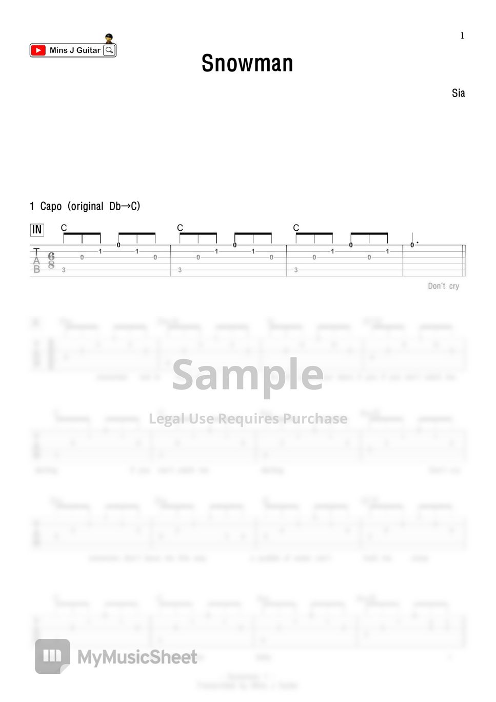 Sia - Snowman (Tab&Chord) by Mins J Guitar