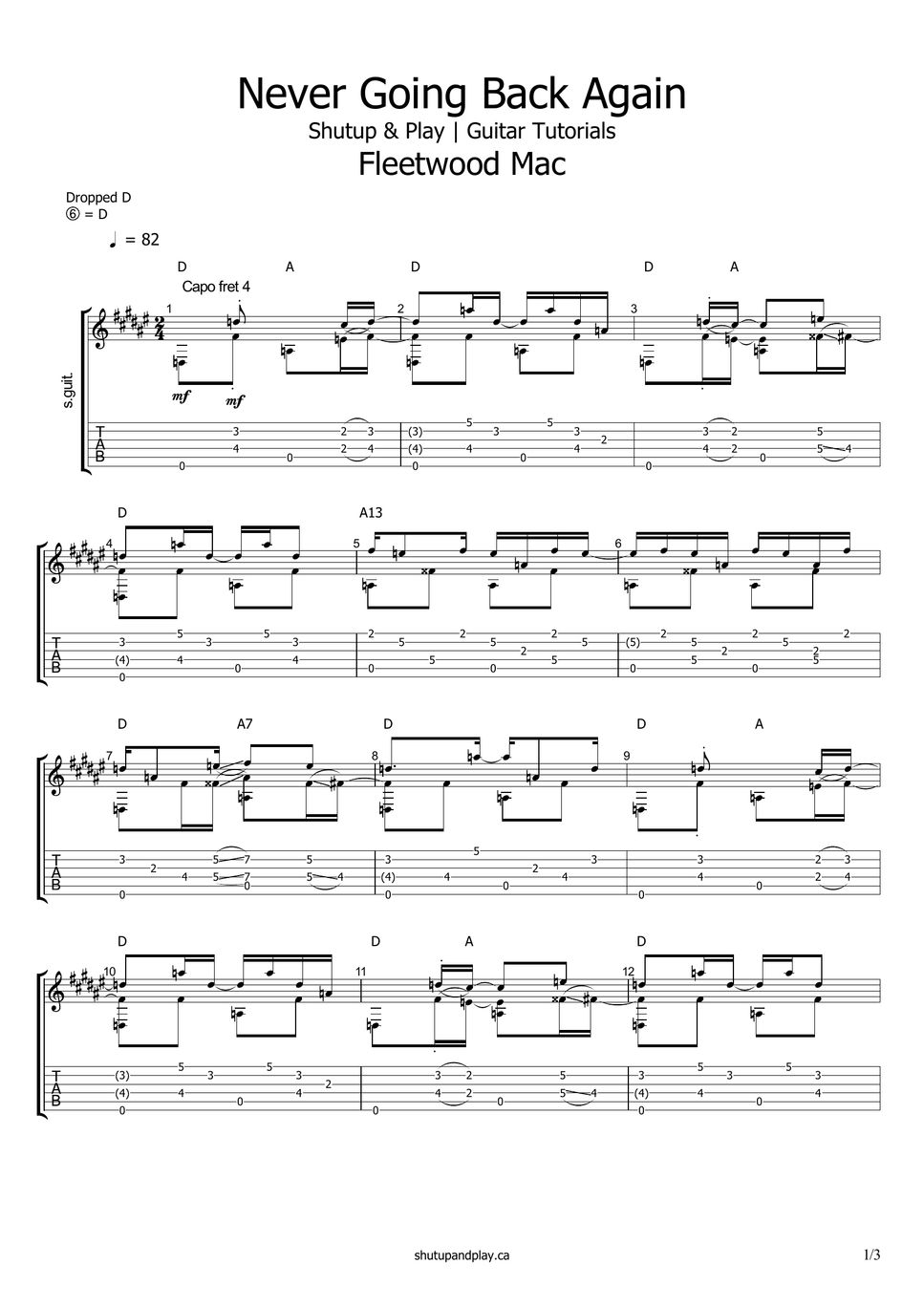 Fleetwood Mac Never Going Back Again Sheets by Shutup & Play Guitar Tutorials