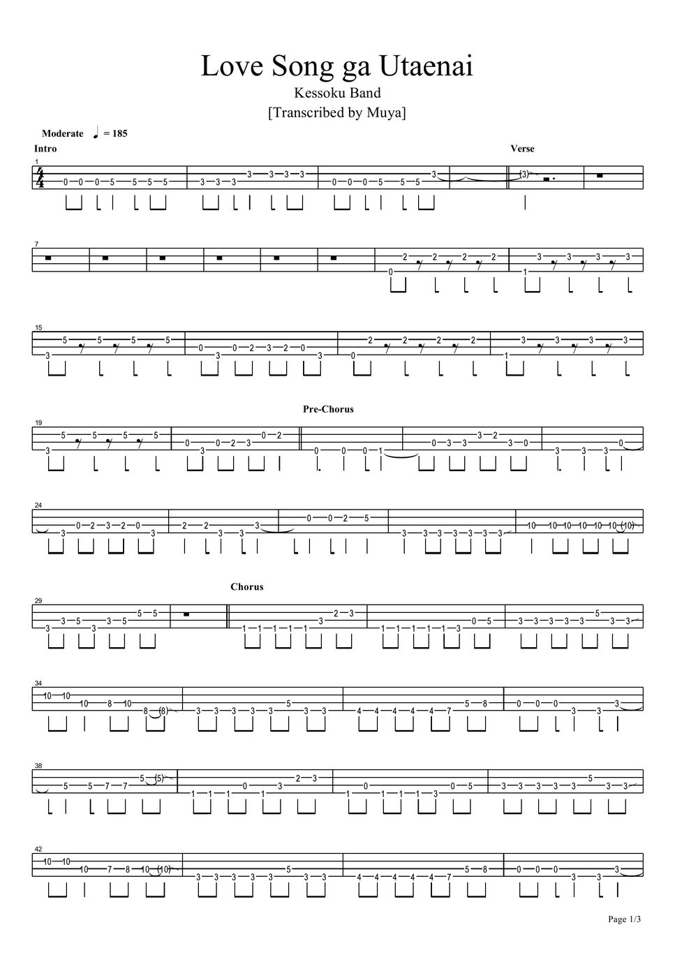 Kessoku Band - Love Song ga Utaenai (Bass TAB) Sheets by Muya