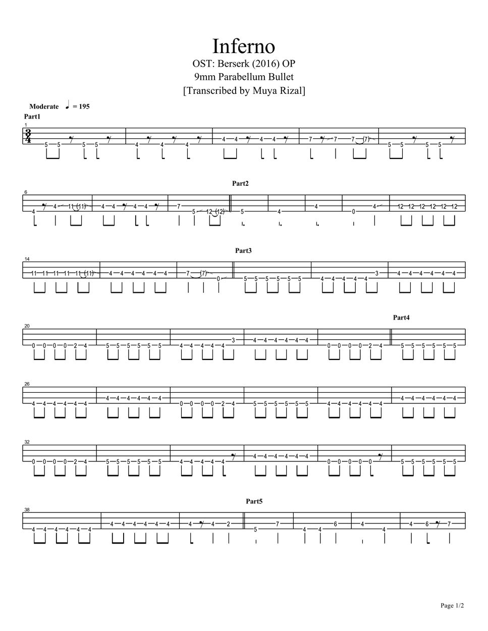 9mm Parabellum Bullet - Inferno (Bass TAB Short Ver.) 楽譜 by Muya