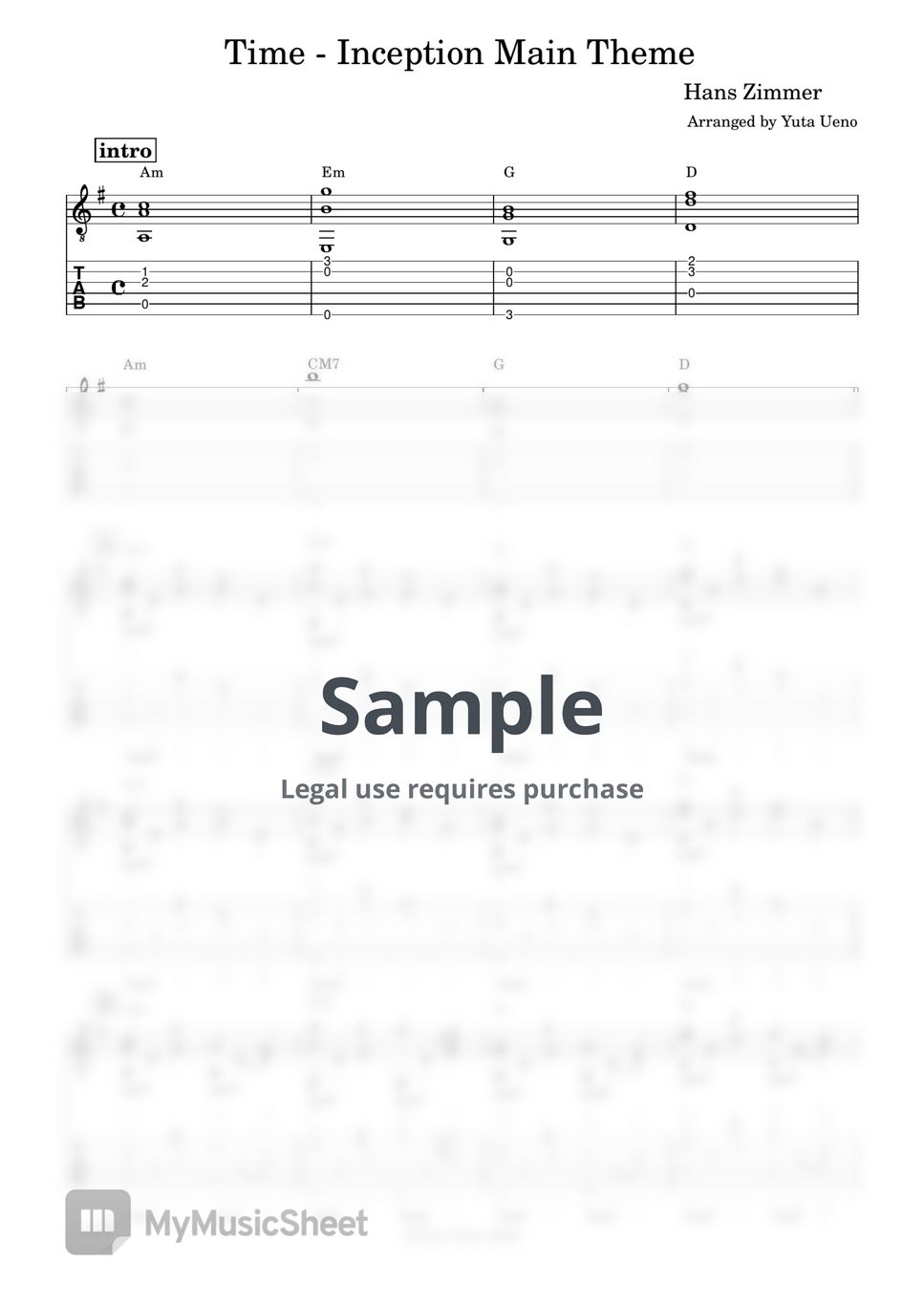 Hans Zimmer Time Fingerstyle Tab 단선 악보 By Yuta Ueno 5305