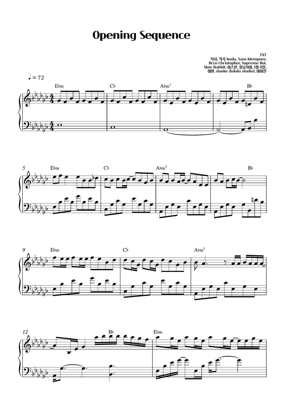 TXT (투모로우바이투게더) Opening Sequence (Easy Key Include) 악보 by SweetPiano