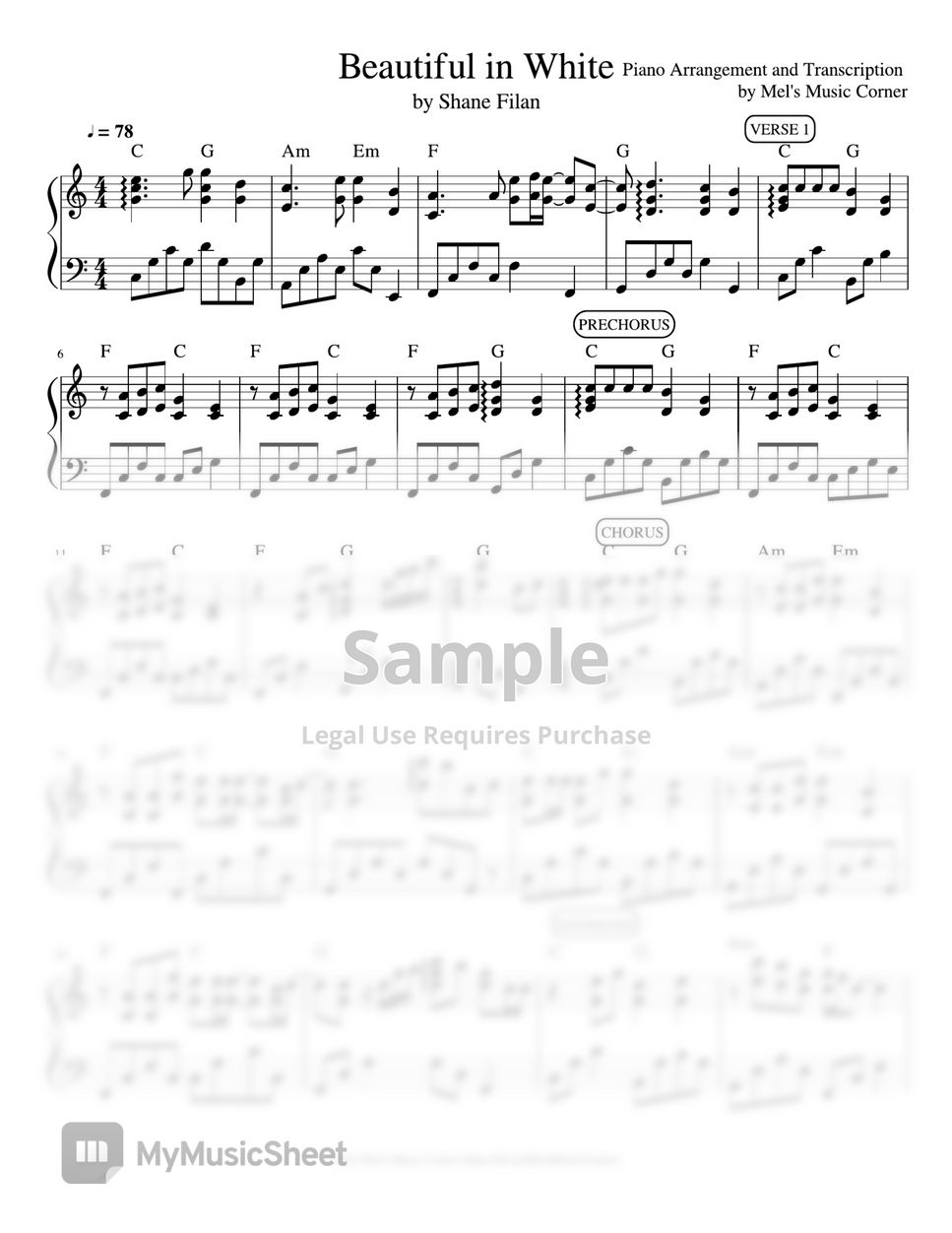 Shane Filan - Beautiful in White (piano sheet music) by Mel's Music Corner