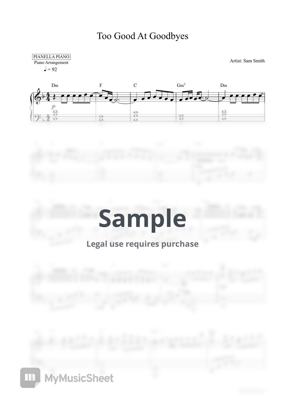 Too Good At Goodbyes Piano Sheet Sam Smith - Too Good At Goodbyes (Piano Sheet) Sheets by Pianella Piano